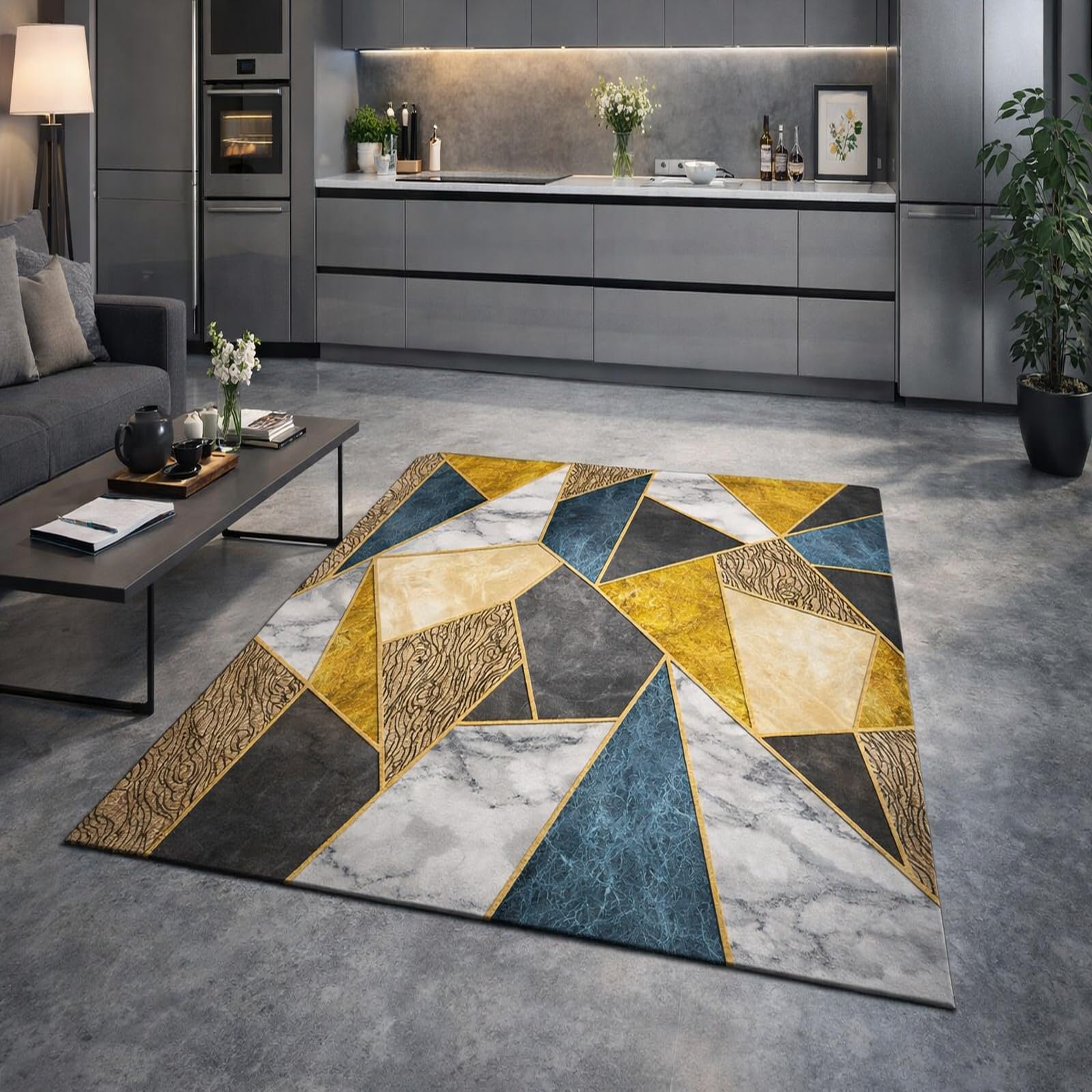 Alfombra antideslizante lavable Rururug geométrica de salón con textura suave dorada
