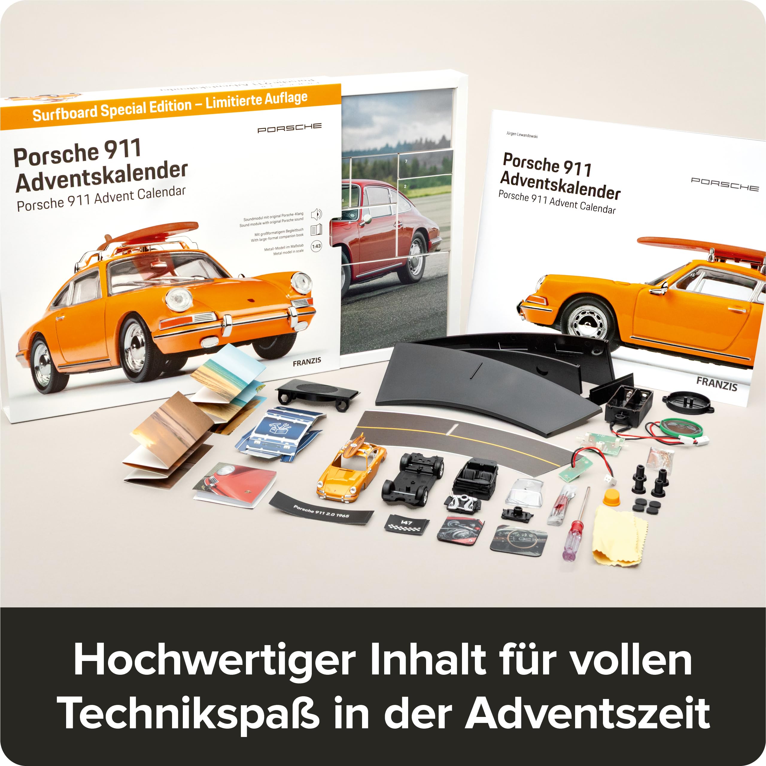 FRANZIS 67299 - Porsche 911 Sonderedition Surfbrett Adventskalender - Modellbausatz im Maßstab 1:43, inkl. Soundmodul und 52-seitigem Begleitbuch