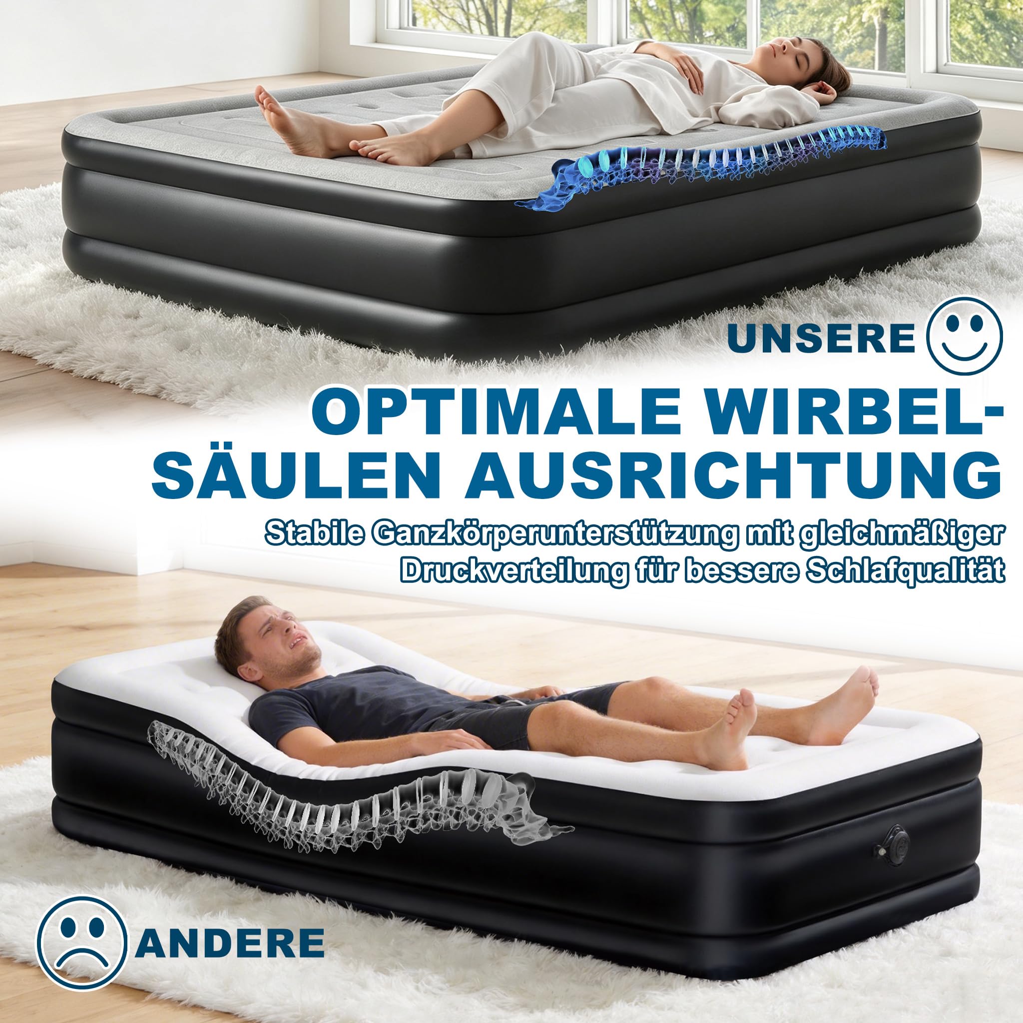 XMTECH Luftbett 2 Personen Luftmatratze Selbstaufblasend mit Integrierter Elektrischer Pumpe, Aufblasbare Matratze für Camping & Gästebett, 195 cm x 152 cm x 46 cm