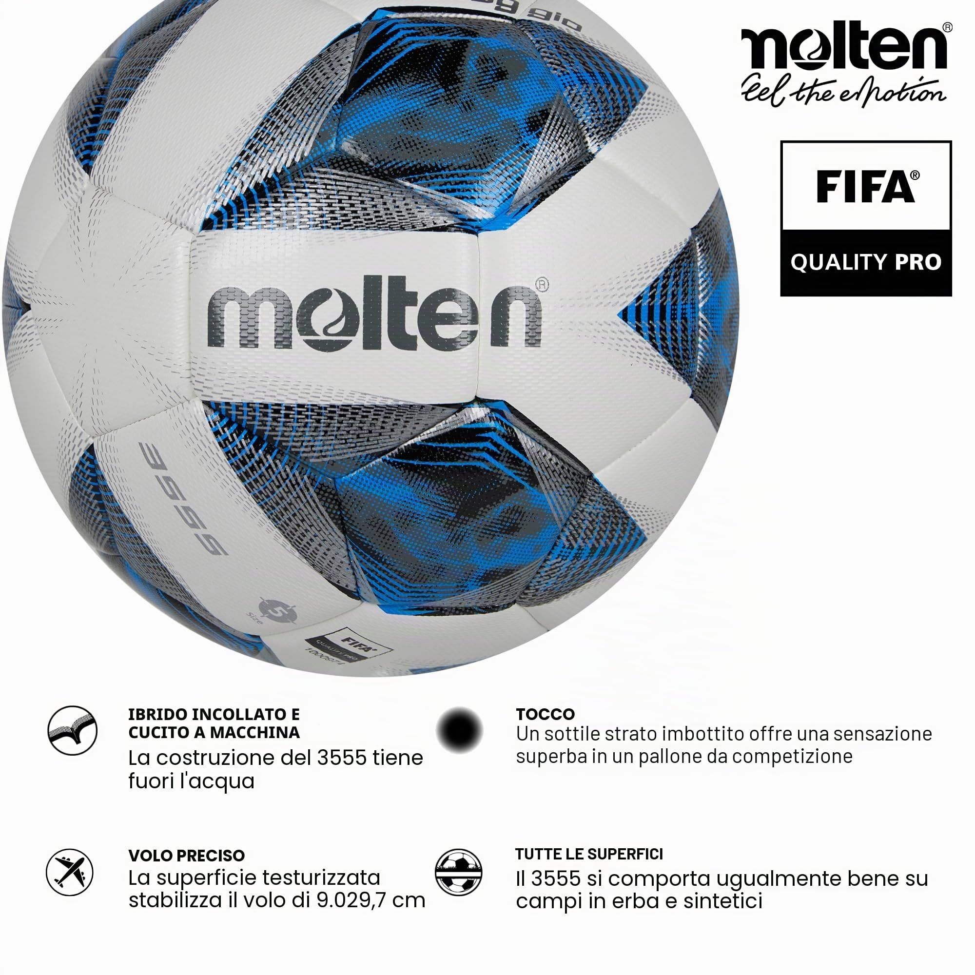 Molten -F5A3555-K - Pallone da allenamento, colore: Bianco/Blu/Argento 5