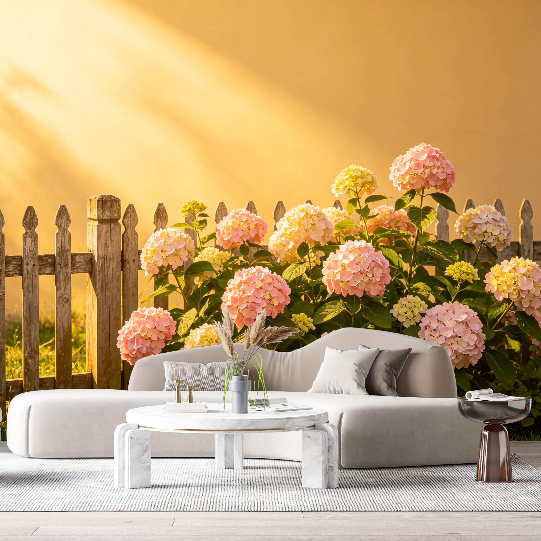 Custom Size Wall Murals Pink Hydrangea Flowers Wooden Picket Fence Botanical Farmhouse Watercolor SelfAdhesive Wall Fabric Removable Large Wallpaper Photo for Living Room
