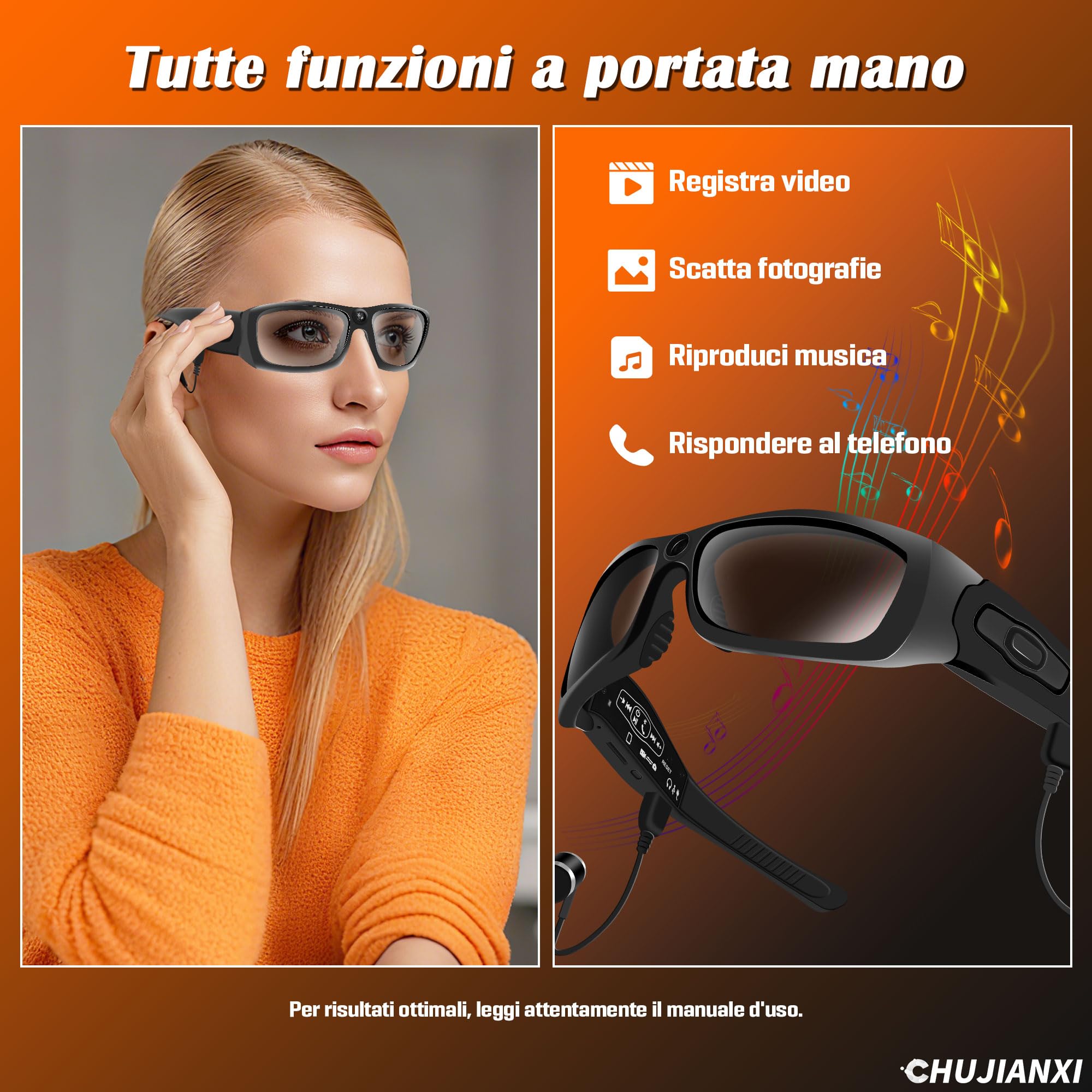 Occhiali con Telecamera con Bluetooth, Intelligenti Occhiali Smart HD 1080P | Portatile Occhiali da Sole Sport Telecamera Nascosta, Mini Videocamera per Riprodurre Musica, Scattare Foto e Video