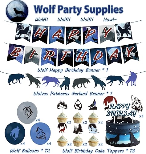 Miniatura 3 de Decoraciones de fiesta de cumpleaños de lobo, suministros de fiesta de lobo con pancarta de feliz cumpleaños, letrero de guirnalda de lobos,