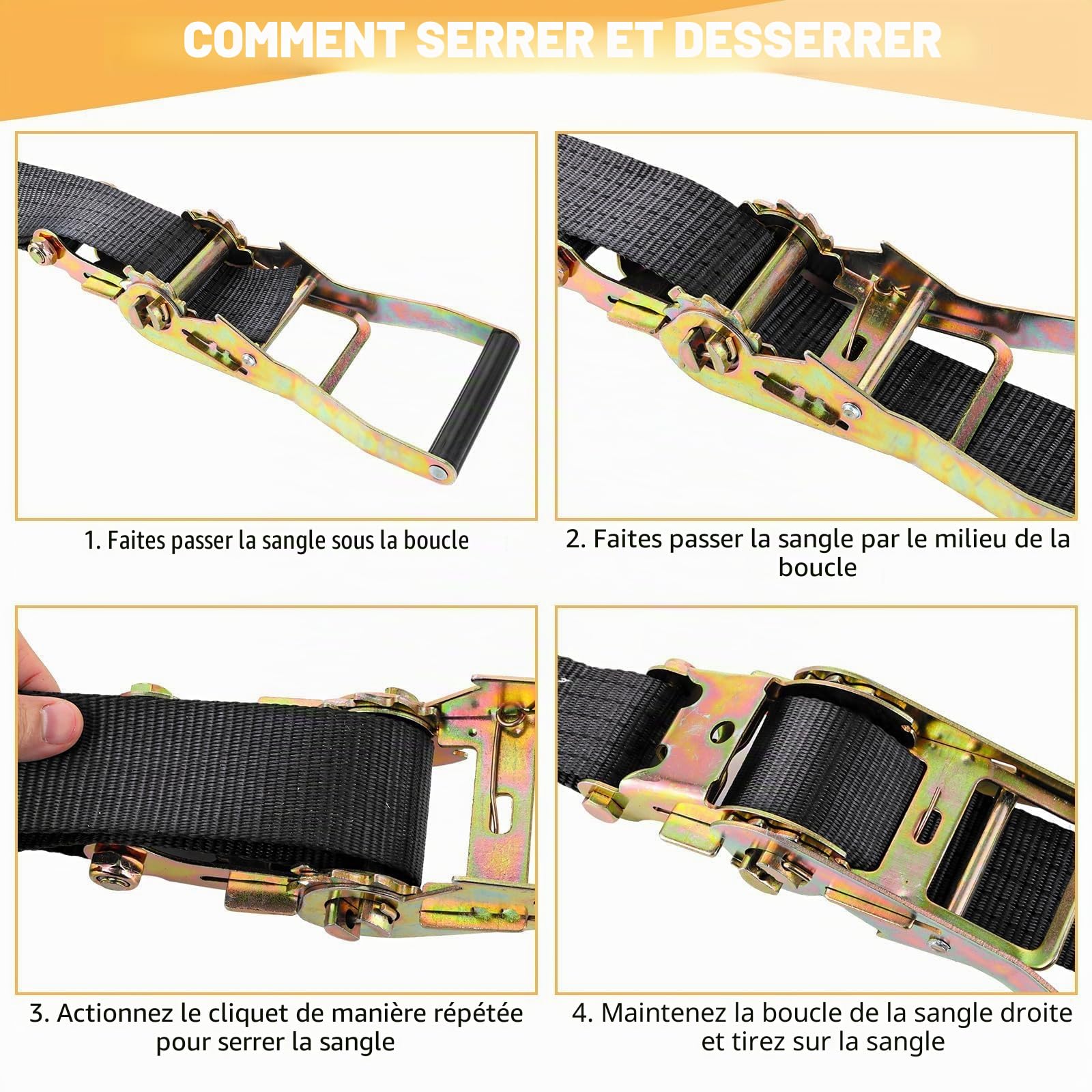 ASelected 2 Jeux de 10M×50MM Sangle d'arrimage à Cliquet Noir, Sangle a Cliquet avec Crochet en Polyester, Sangles de Serrage avec Tendeur à Cliquet pour Remorque, Moto, Voiture