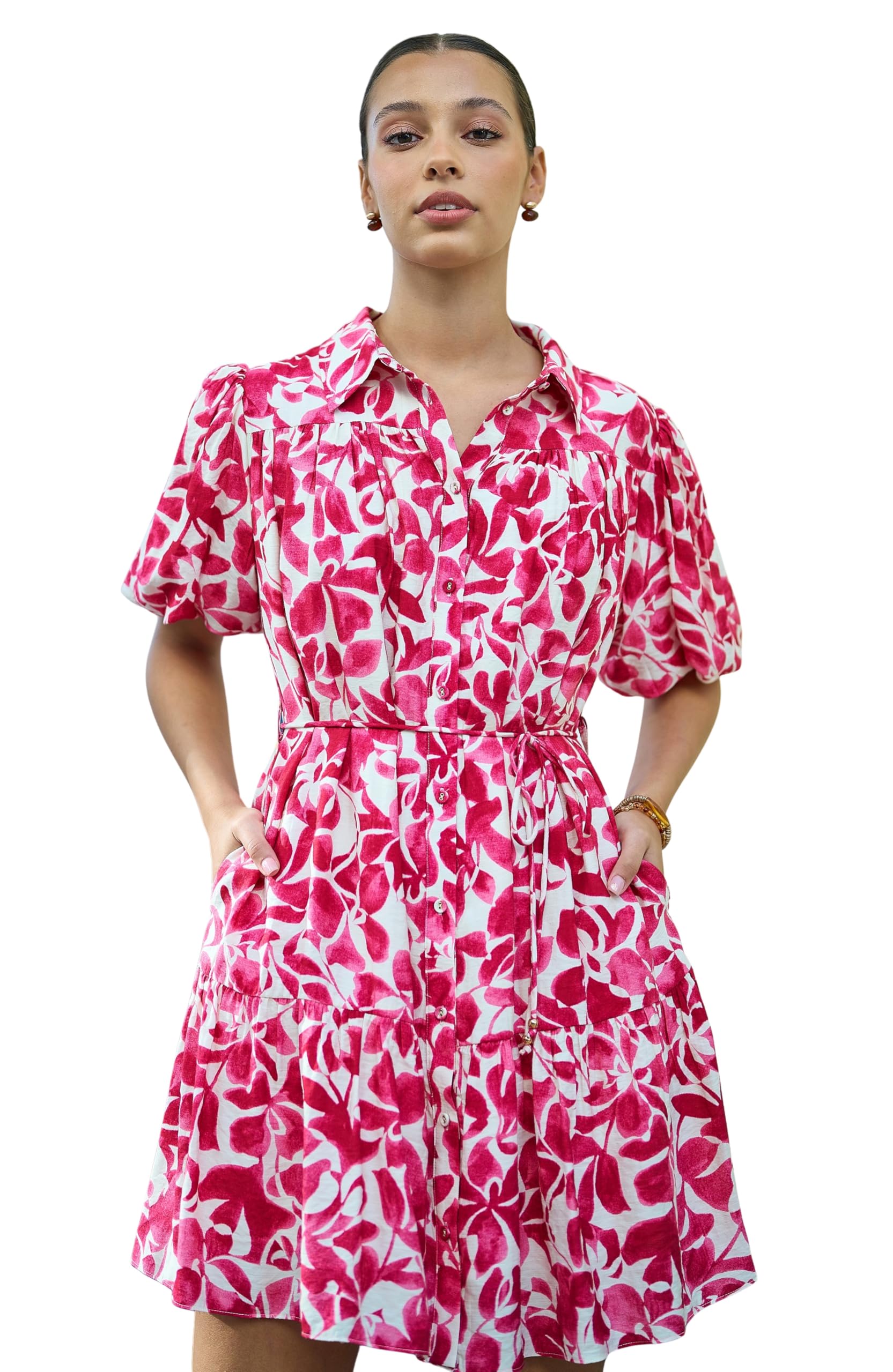 Yumi Women's Fuchsia Floral Print Viscose Relaxed Shirt Dress In | Size: 14