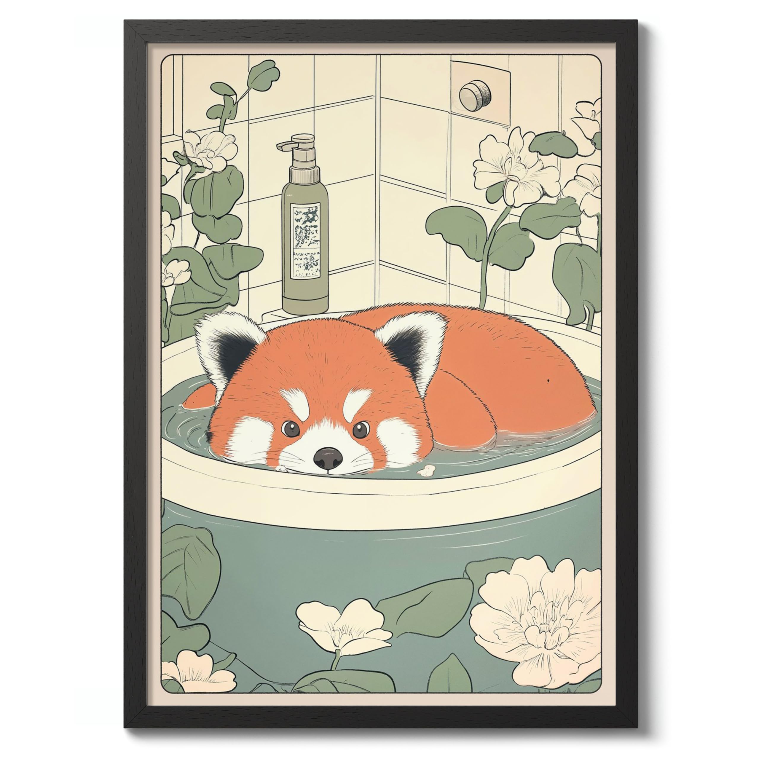 Red Panda Bathtime Anime Animal Poster, Funny Bathroom Wall Art Print, Manga, Bathroom Wall Art, Toilet Decor, A2 (Black Frame) - 62.5x45.1cm