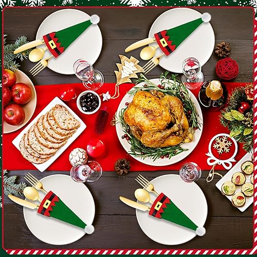 Miniatura 4 de Hiboom Juego de 50 soportes de cubiertos de Navidad de tela no tejida, bolsa de almacenamiento de cubiertos de Papá Noel para mesa, cubiertos,