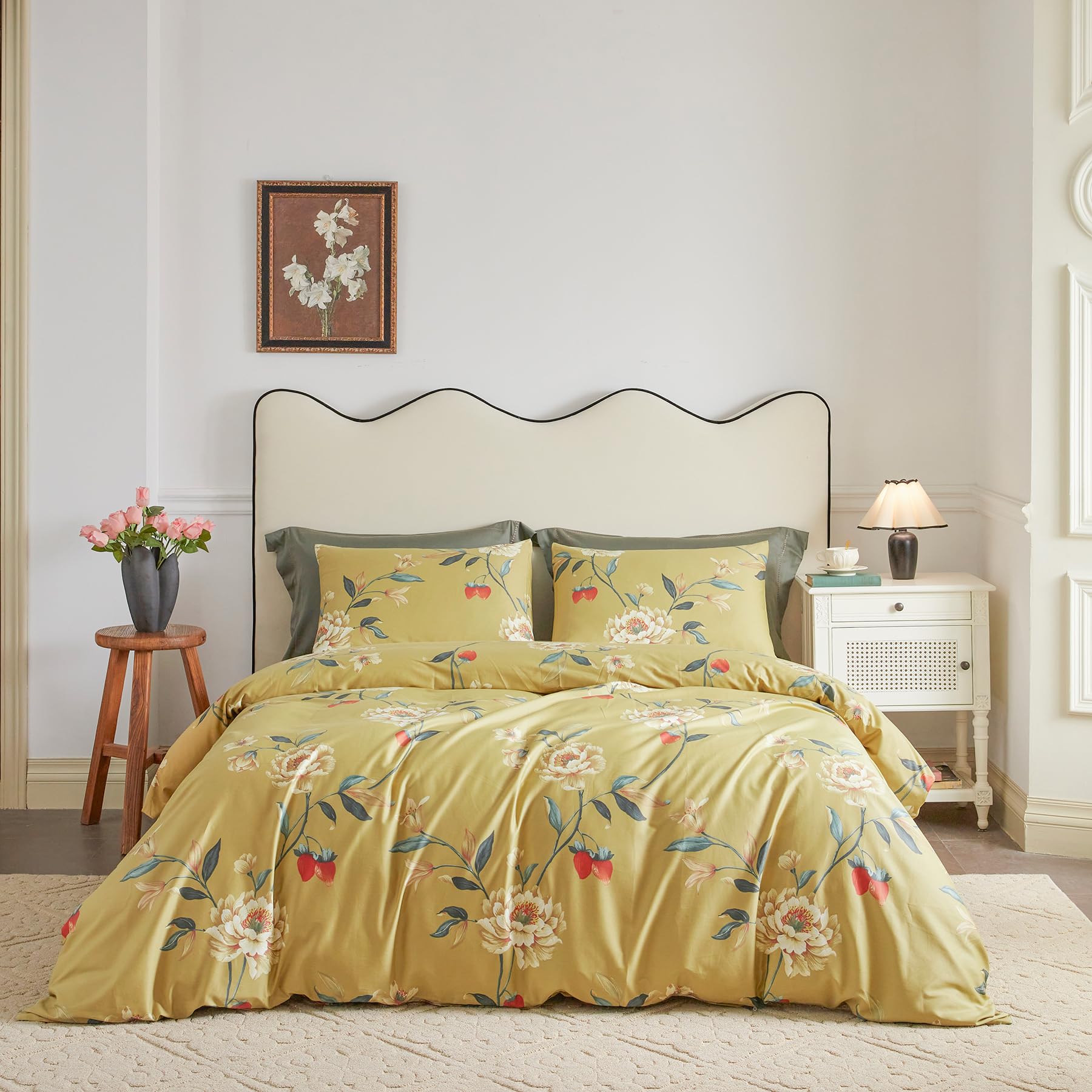 YuHeGuoJi Gold Duvet Cover Queen 100% Egyptian Cotton Peony Floral Duvet Cover 3 Pcs Set 1 Aesthetic Red Flower Duvet Cover with Zipper Ties 2 Pillowcases Garden Farmhouse Botanical Bedding