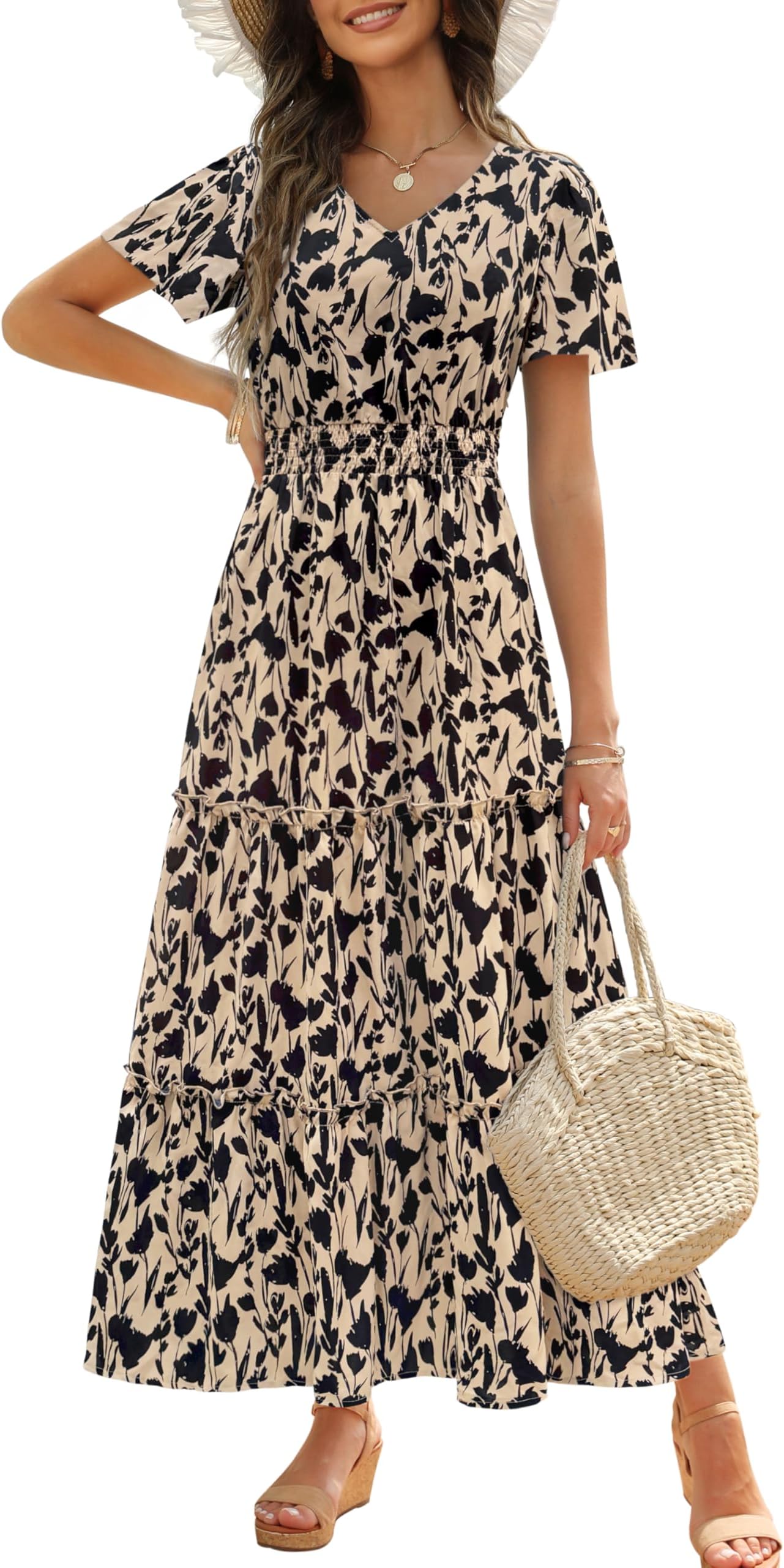 Womens 2026 Long Summer Dress Short Flutter Sleeve V Neck Casual Smocked Tiered Modest Floral Boho Maxi Dress