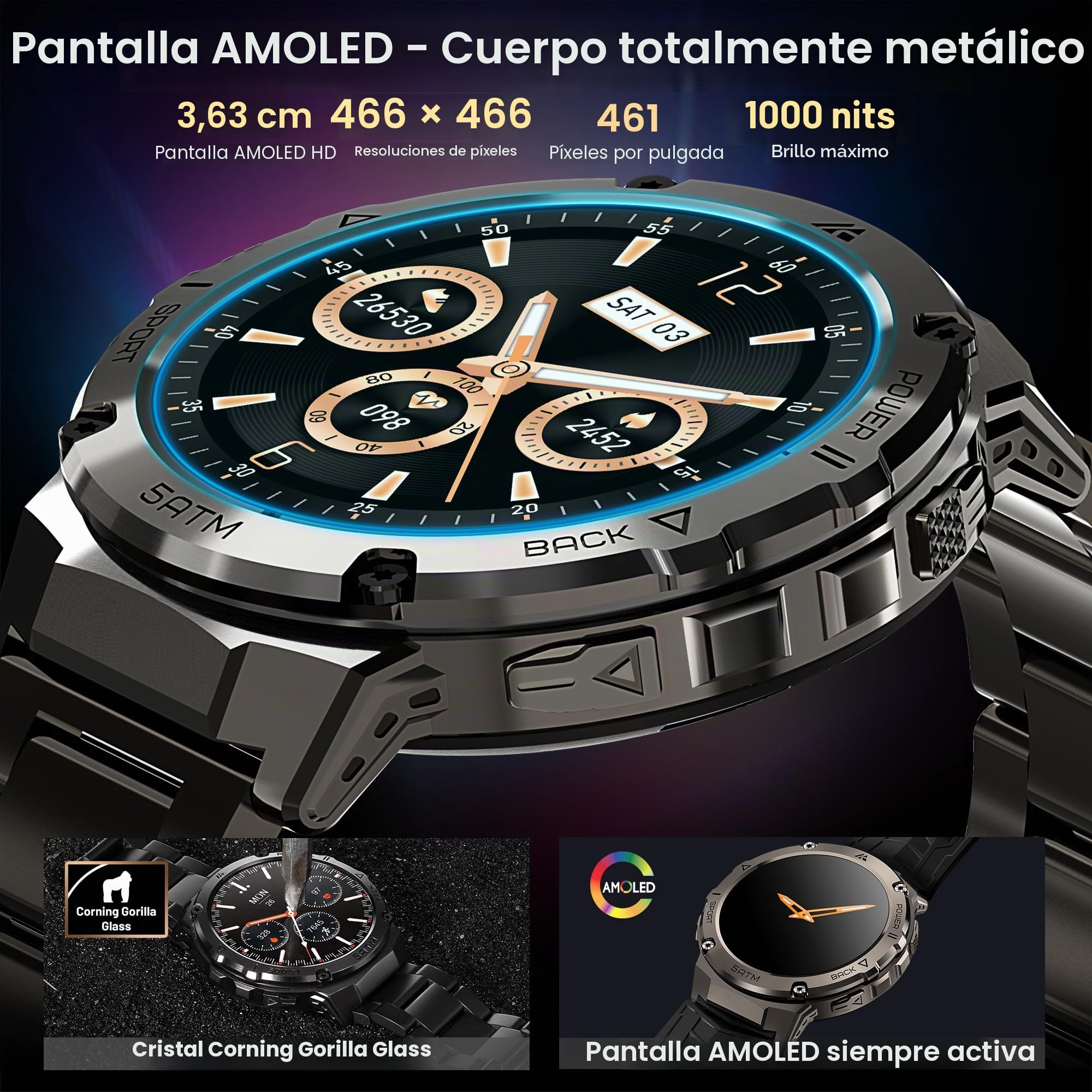 Relojes inteligentes para hombre, GPS, presión, altitud, brújula, batería extragrande de 480 mAh, resistente al agua hasta 50 m, cuerpo de metal completo, reloj inteligente resistente