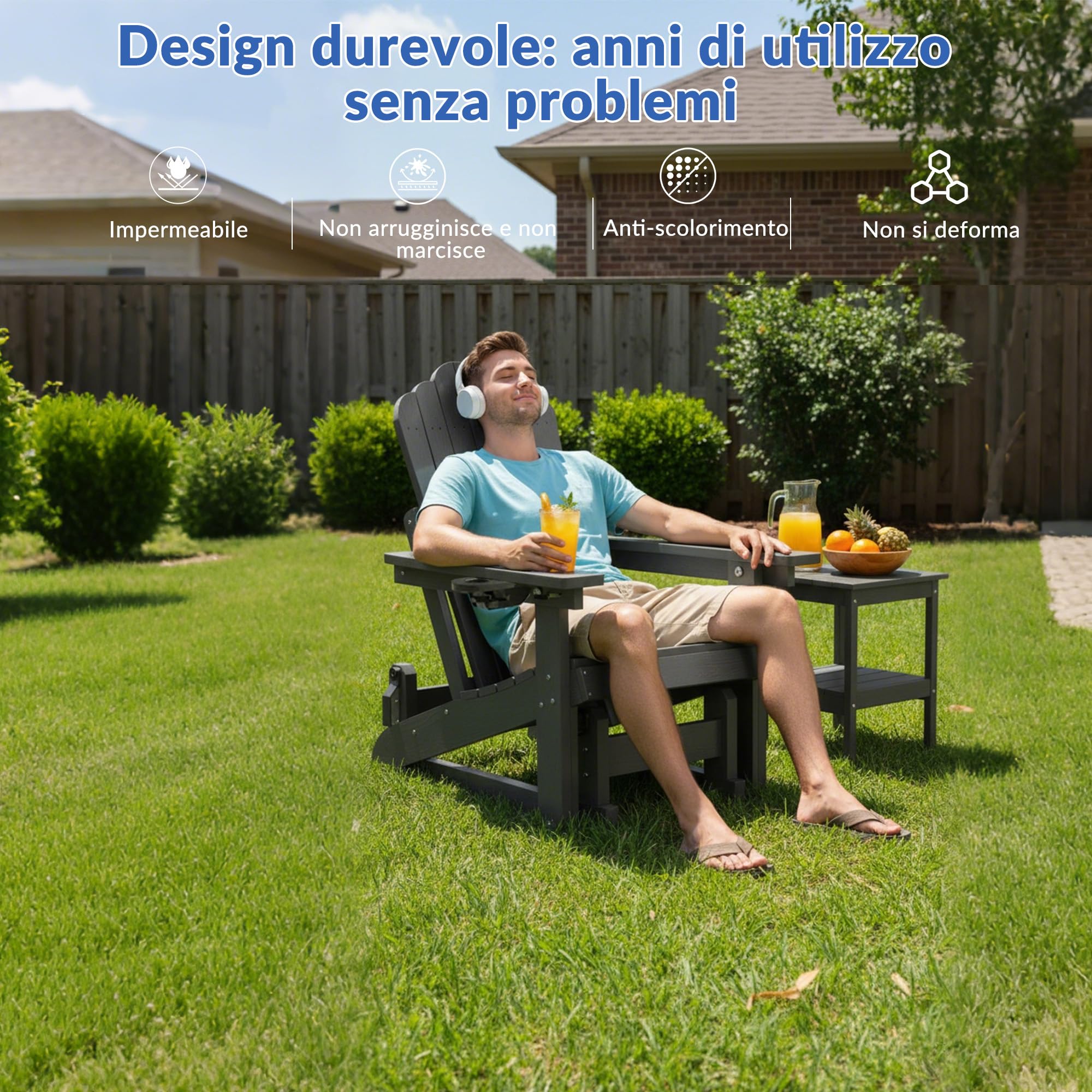 Sedia a dondolo Adirondack con schienale regolabile,sedia a dondolo per patio in simil-legno resistente alle intemperie con portabicchieri, meccanismo di oscillazione fluido,capacità di peso 200 kg