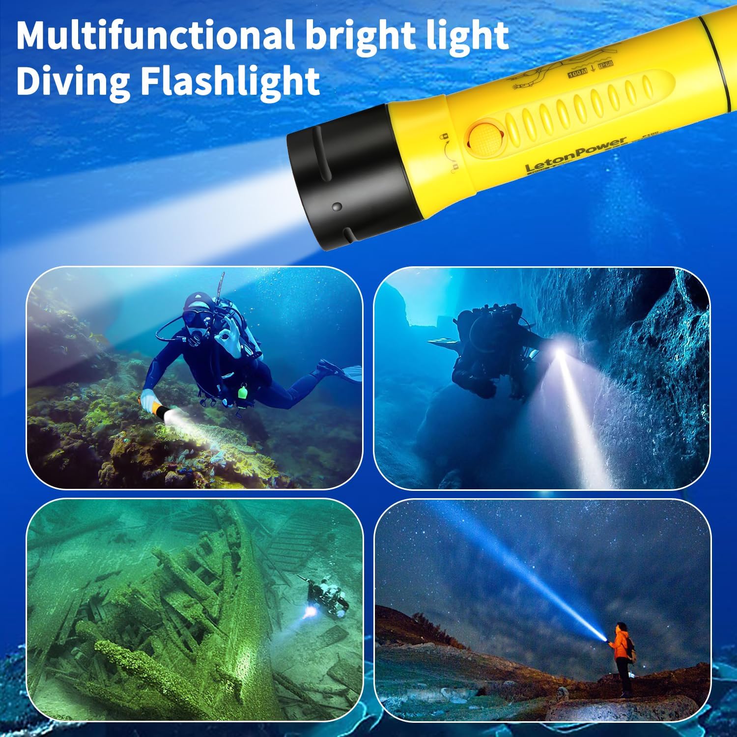 Dive Light 1800 Lumens - Professional Underwater Flashlight IP68 Waterproof (100m), 5500K White Light, Rechargeable for Diving/Underwater Hunting