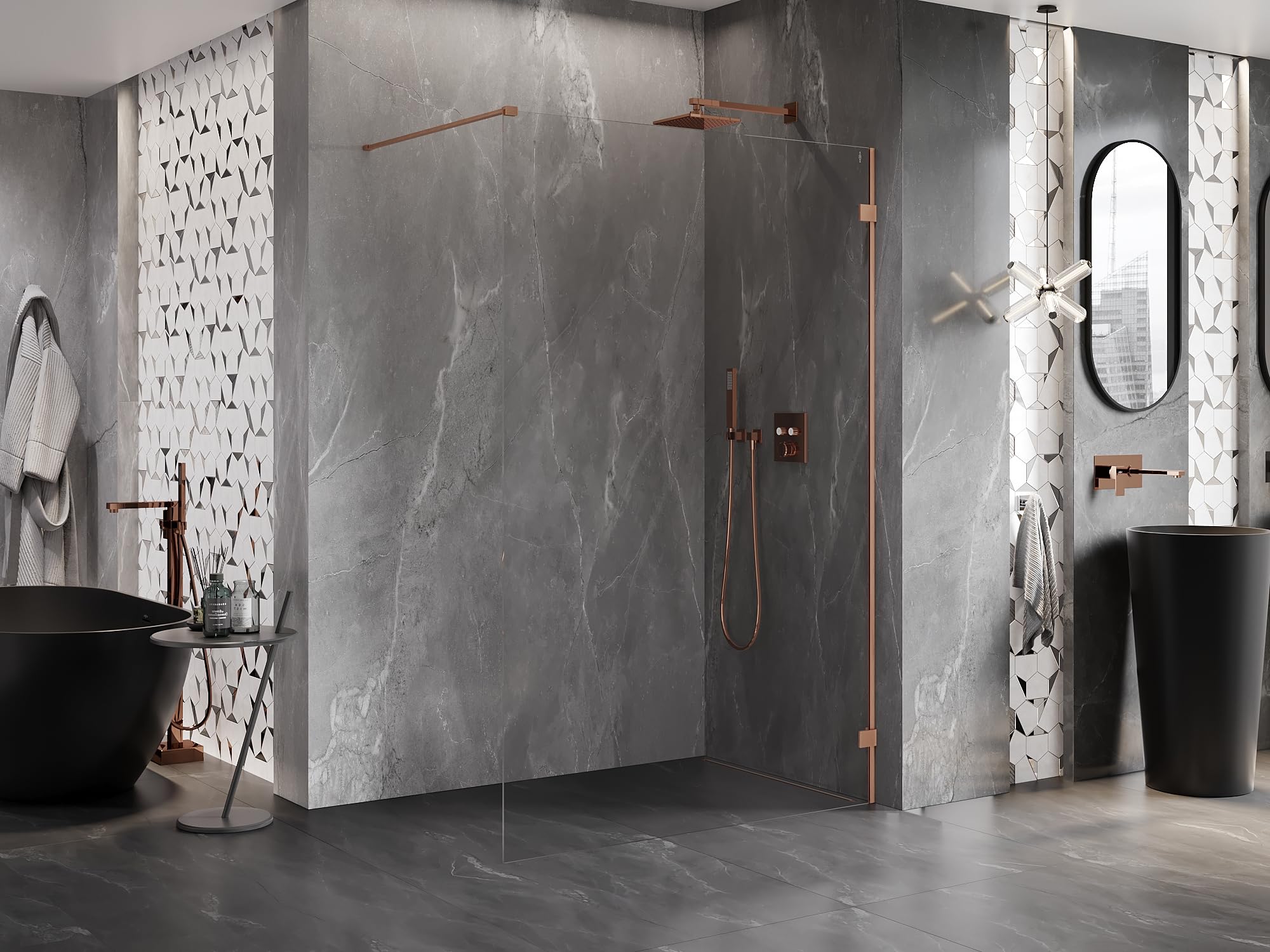 Mexen Lunar Parete Doccia Walk-In Destro 70x200 Trasparente 8mm Rame Spazzolato