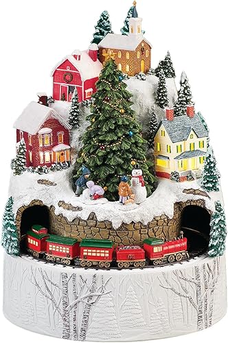Roman, Aldea montañesa de invierno iluminada de 11.25 pulgadas de alto con tren giratorio, caja de música navideña, diversiones, detalles para el