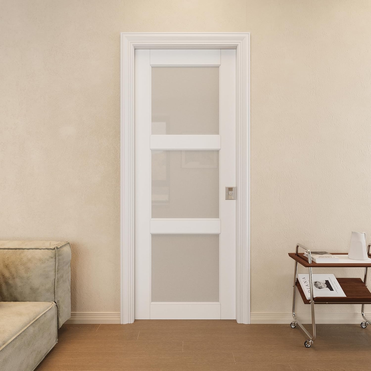 28''×96'' Interior 3-Lite Frosted Glass Sliding Pocket Door Solid Core Pantry Door with Privacy Pocket Lock/Soft Close