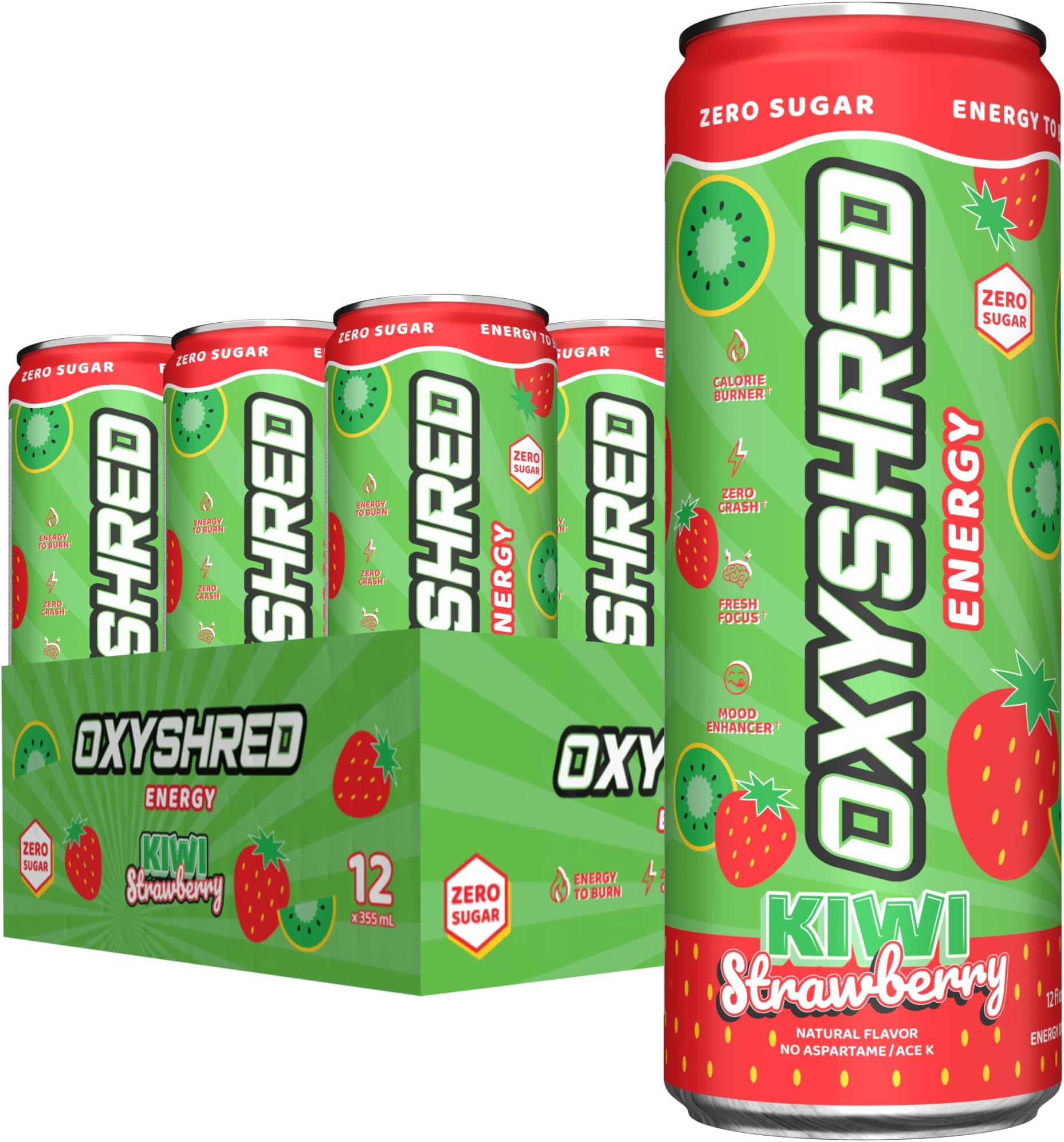 OxyShred Healthy Energy Drink - Zero Sugar Energy Drinks with Amino Acids, Green Tea Extract, Vitamin C & L Carnitine - Zero Carbs, Zero Calories, Clean Caffeine, Kiwi Strawberry (12-Pack)