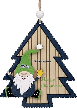 FOCO NFL Seattle Seahawks Wooden Tree Ornament with Gnome Officially Licensed Holiday Decoration