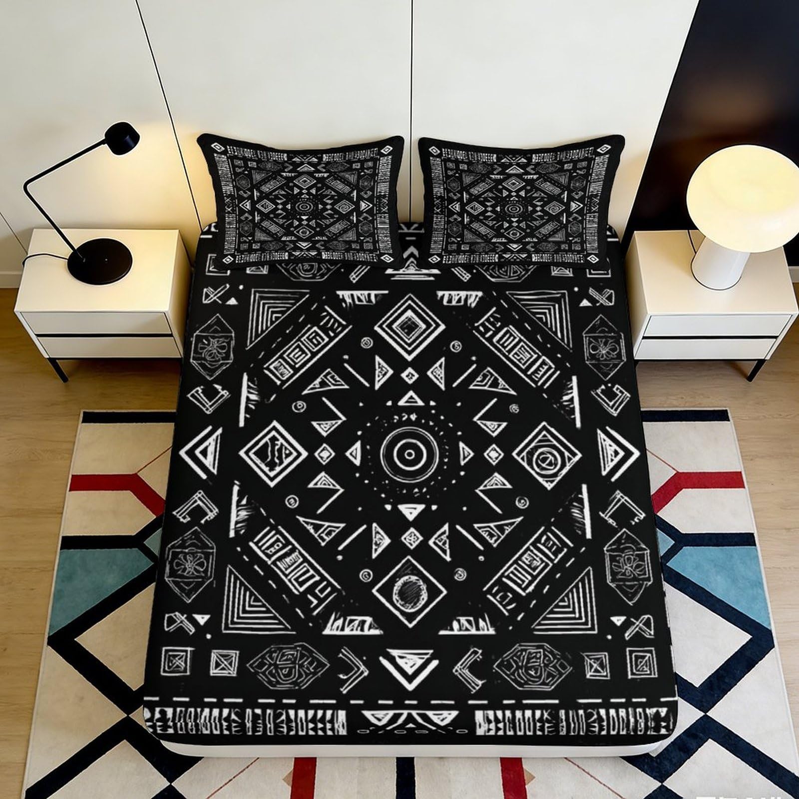 3D Printed Black Geometric Pattern Fitted Sheet Microfiber Soft Breathable Tribal Design Mattress Cover for Bedroom Dormitory Guest Room Mattress Protection 160x200x25cm