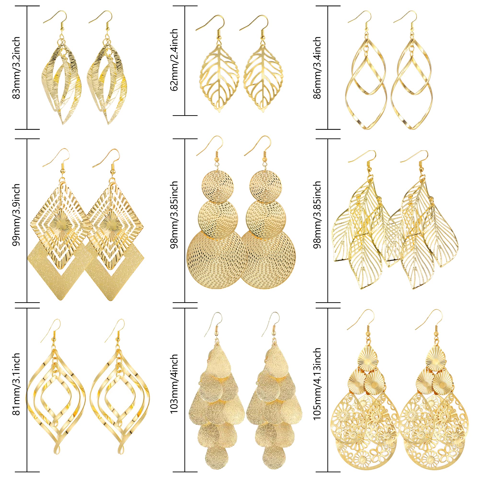 ASH'S CHOICE Pendientes Colgantes Para Mujer y Niña, Juego De Pendientes Bohemios Con Varios Ganchos, Redondos/Prisma/Pluma/Cadena/Ondulado Trenzado Simple/Doble Cordón/Flor/Corazón/Hoja/Largo