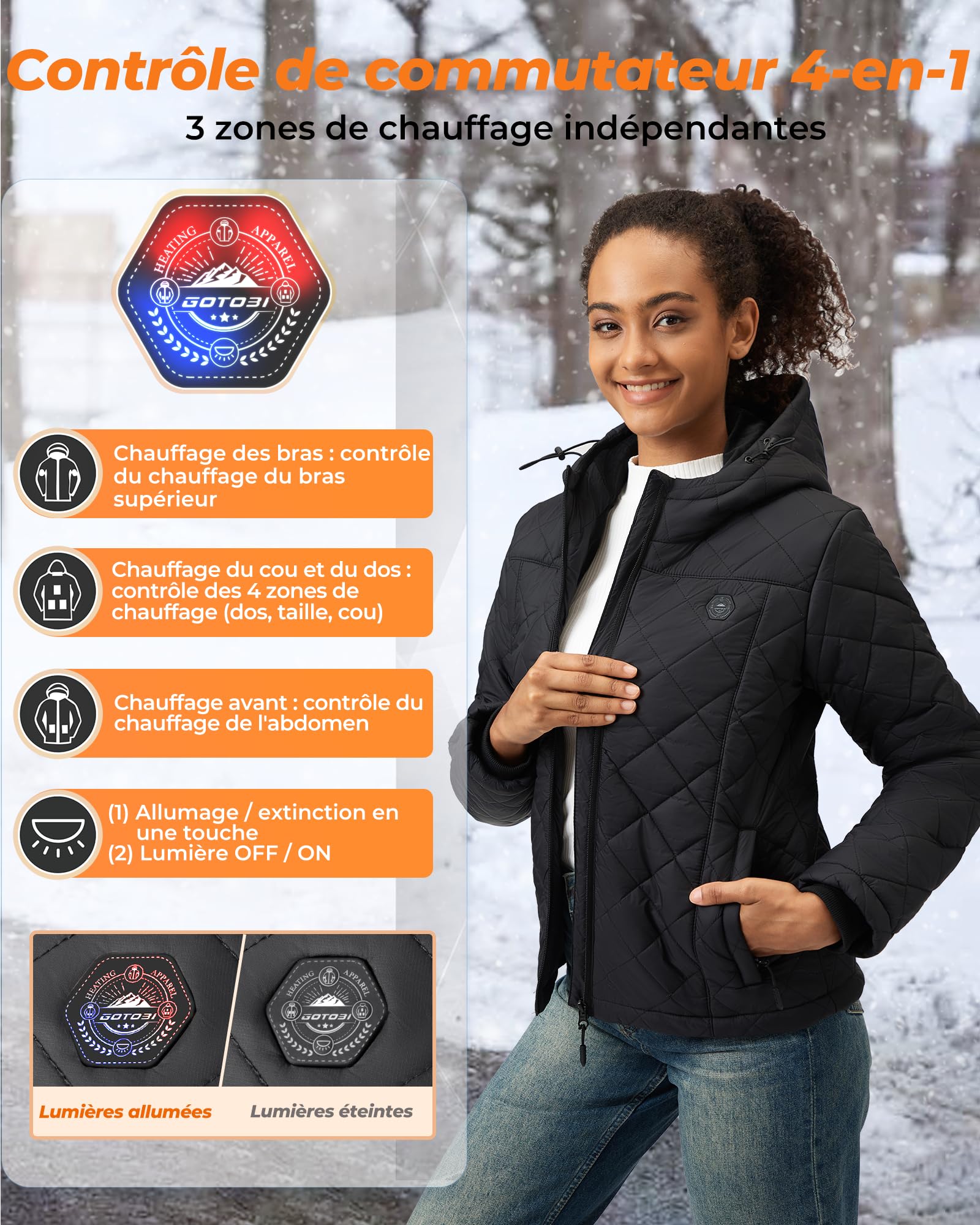 Veste Chauffante Femme Avec Batterie Incluse De 18400 Mah 12v, 8 Zones De Chauffage,Manteau Chauffant Femme Avec 3 Niveaux De Tempé pour activités en plein air