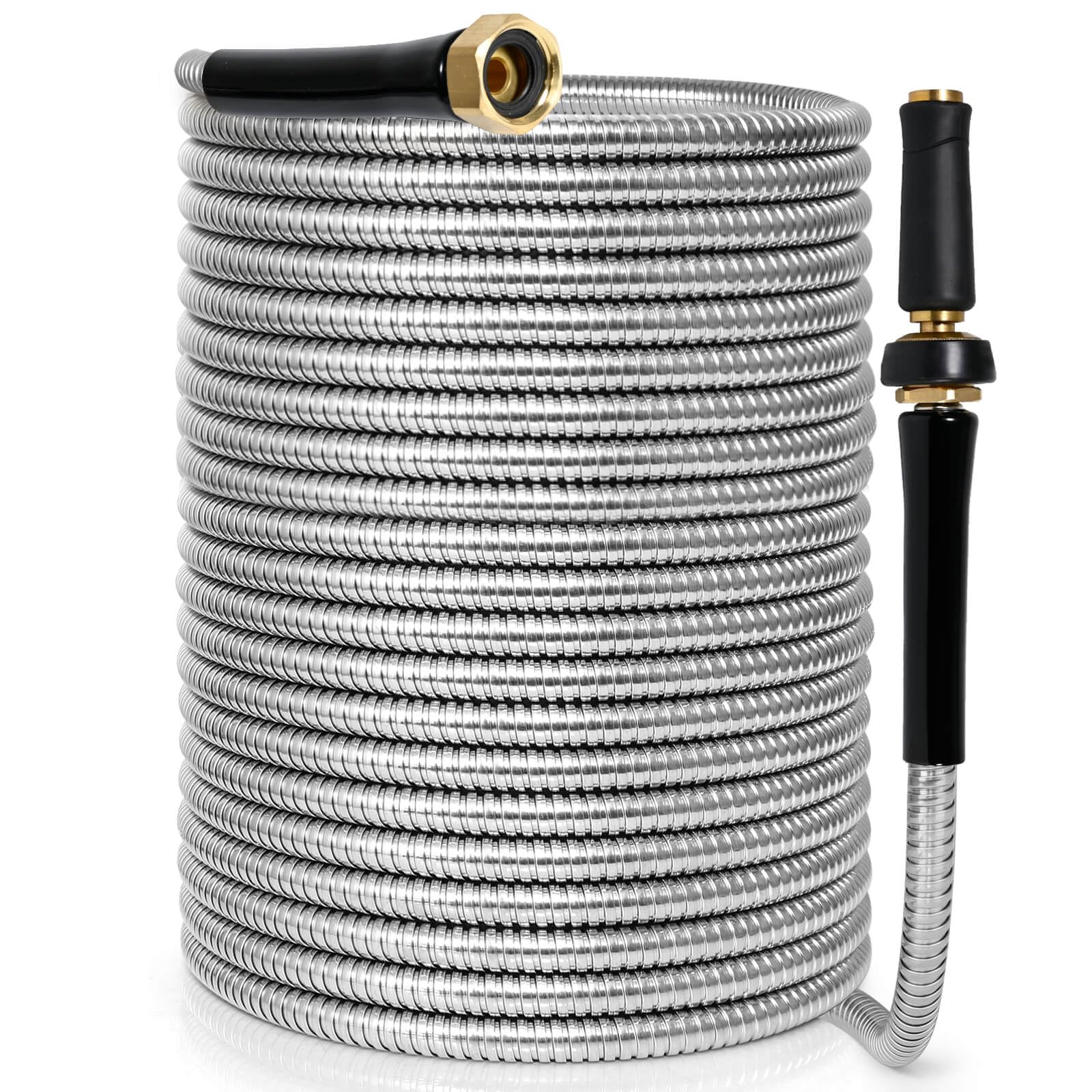 TOOLCY Manguera de jardín de metal de 75 pies, manguera de agua de acero inoxidable 304 con boquilla de latón, súper flexible, sin torceduras, resistente, ligera, duradera para jardín, patio,