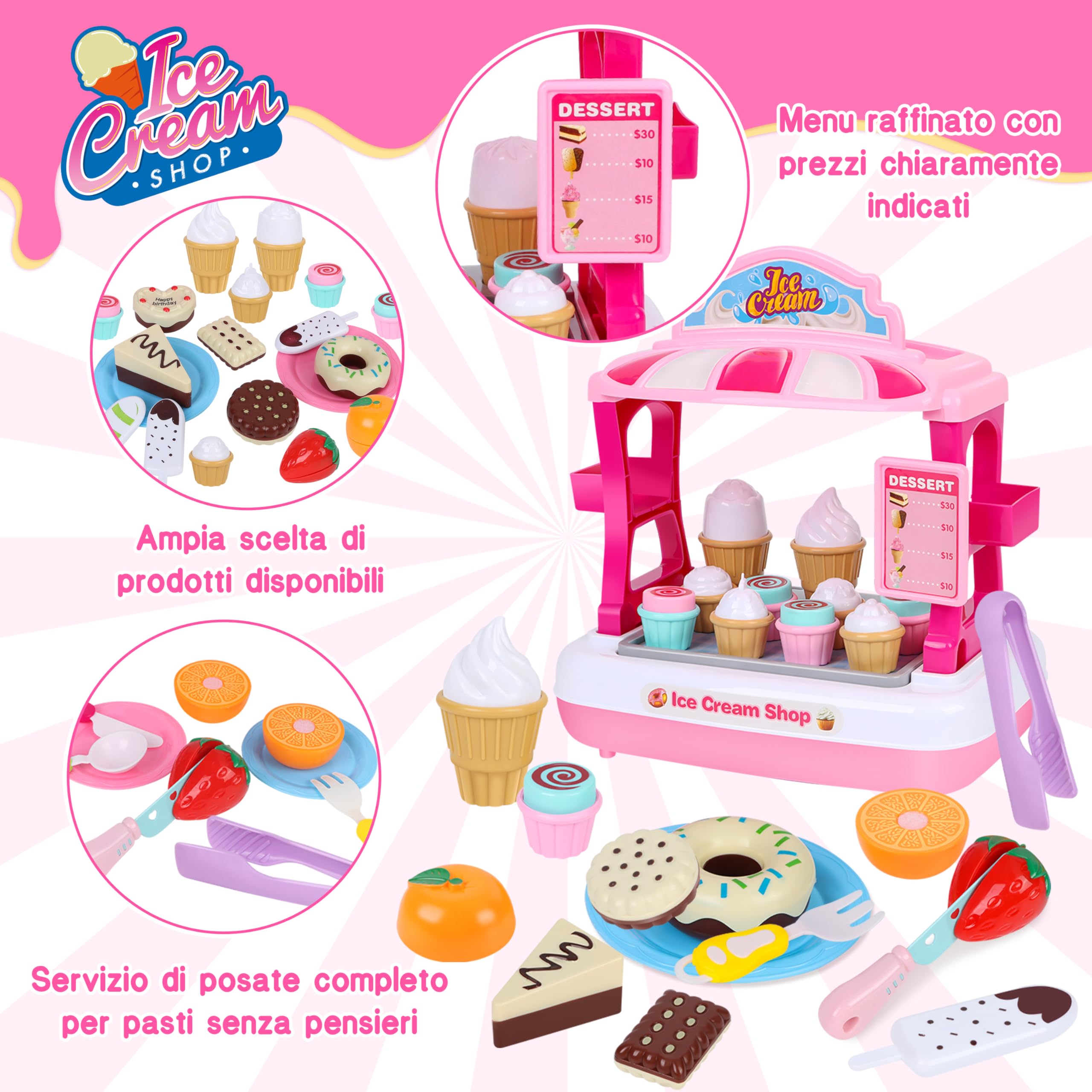 Charmofun Gelateria Giocattolo per Bambini - Incl. 48 Accessori (15 Gelati, 5 Torte, 7 Posate, Soldi Finti Ecc.), Cassa Negozio per Giochi di Ruolo, Cassa Giocattolo per Bambini Dai 3+ Anni