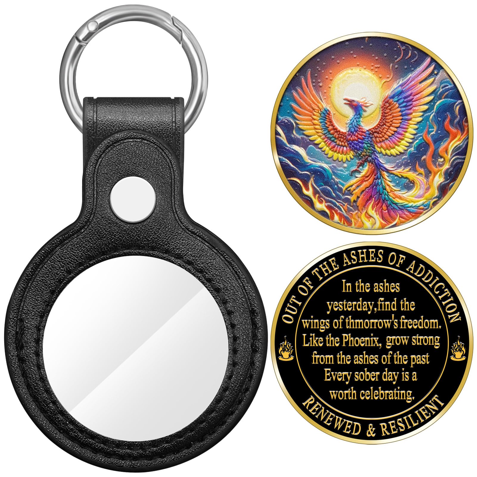 Forfine Sobriety Coin AA Coin Medallion Token Phoenix Recovery Sobriety gifts for Men Women with Coin Holder Keychain, Serenity Prayer Card, Storage