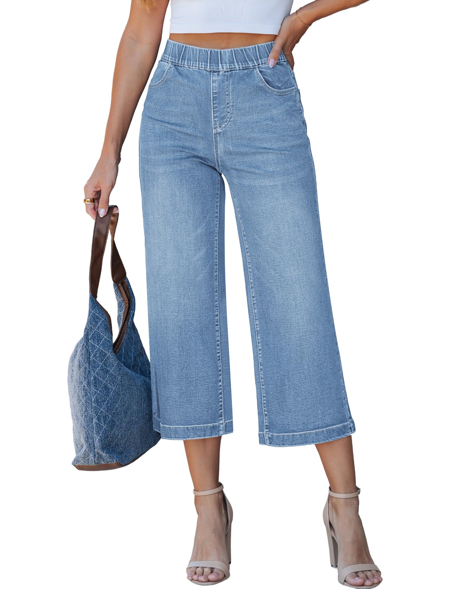 LookbookStore Womens Wide Leg Capris Womens Pull On Denim Capri Pants High Waist Jeans for Women Powder Blue Size Large Size 12 14