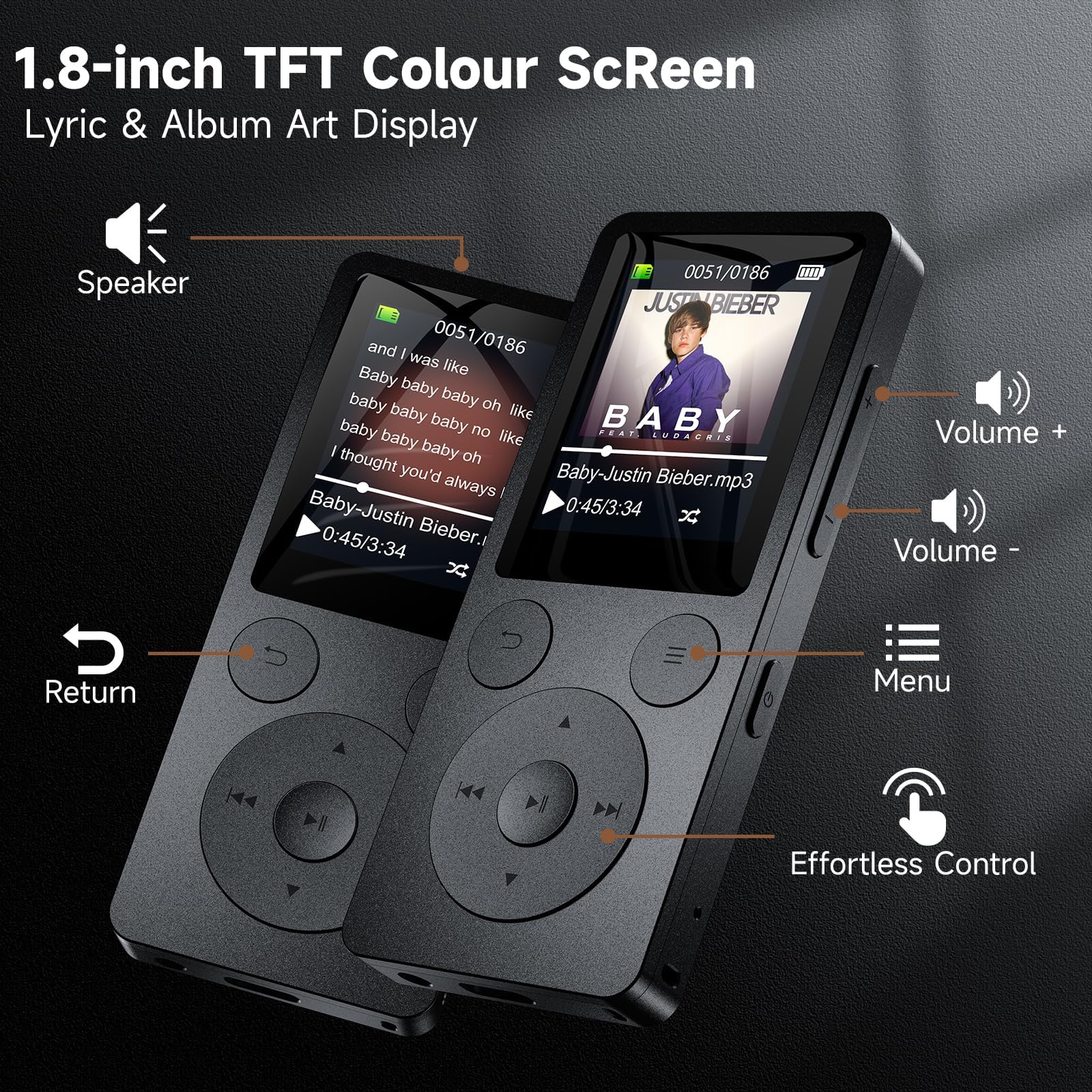 64GB MP3 Player Bluetooth 5.3 & Lautsprecher – Upgrade mit physischen Tasten (Zurück, Menü, Lautstärke), Nur 37g mit Kopfhörer FM Radio Diktiergerät Mini-Design HiFi-Sound, bis zu 128G