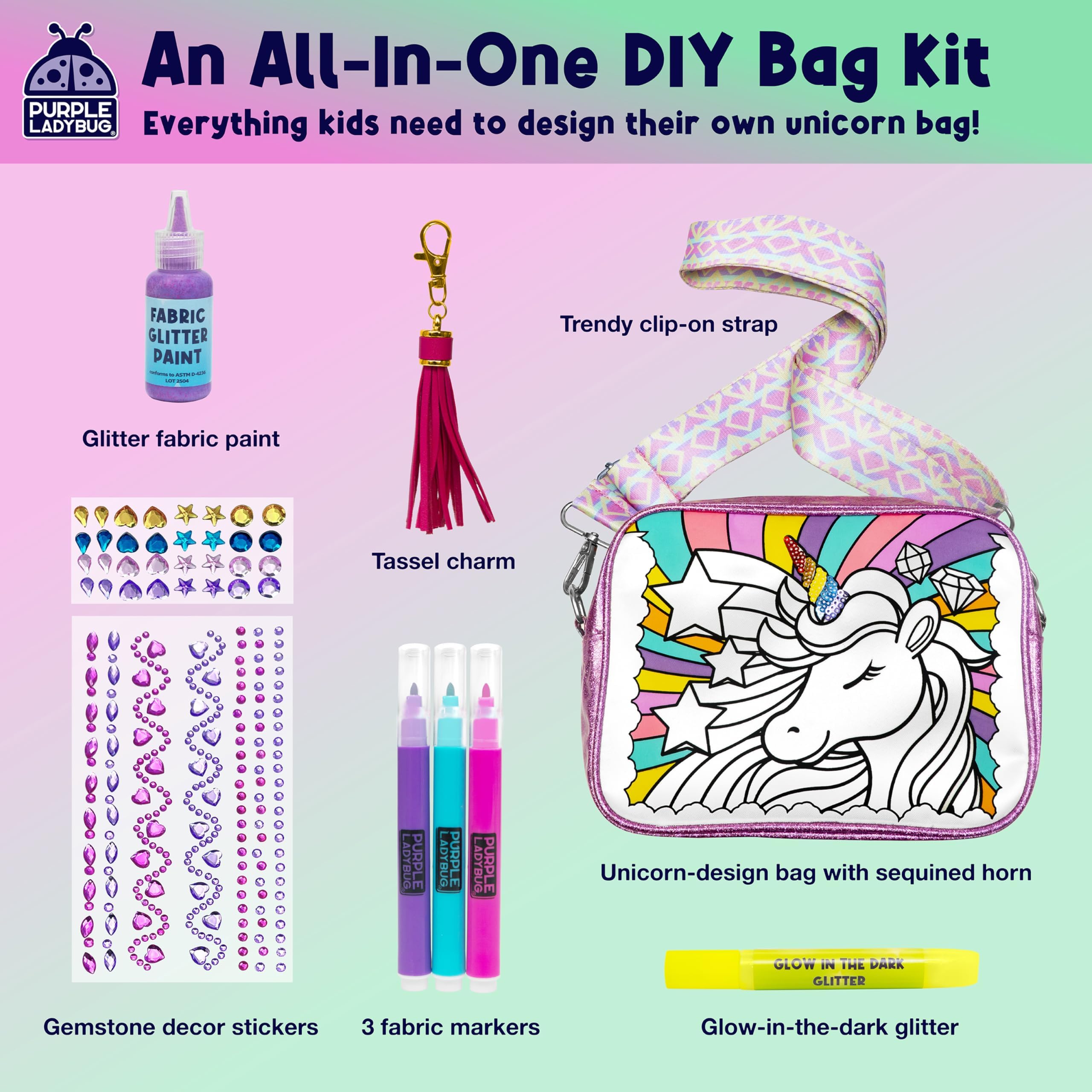 Decora tu propio kit de bolsa cruzada de unicornio, regalos de Navidad para niñas con bolígrafo con purpurina que brilla en la oscuridad, calcomanías de gemas y pintura de tela, ideas de regalo de 3