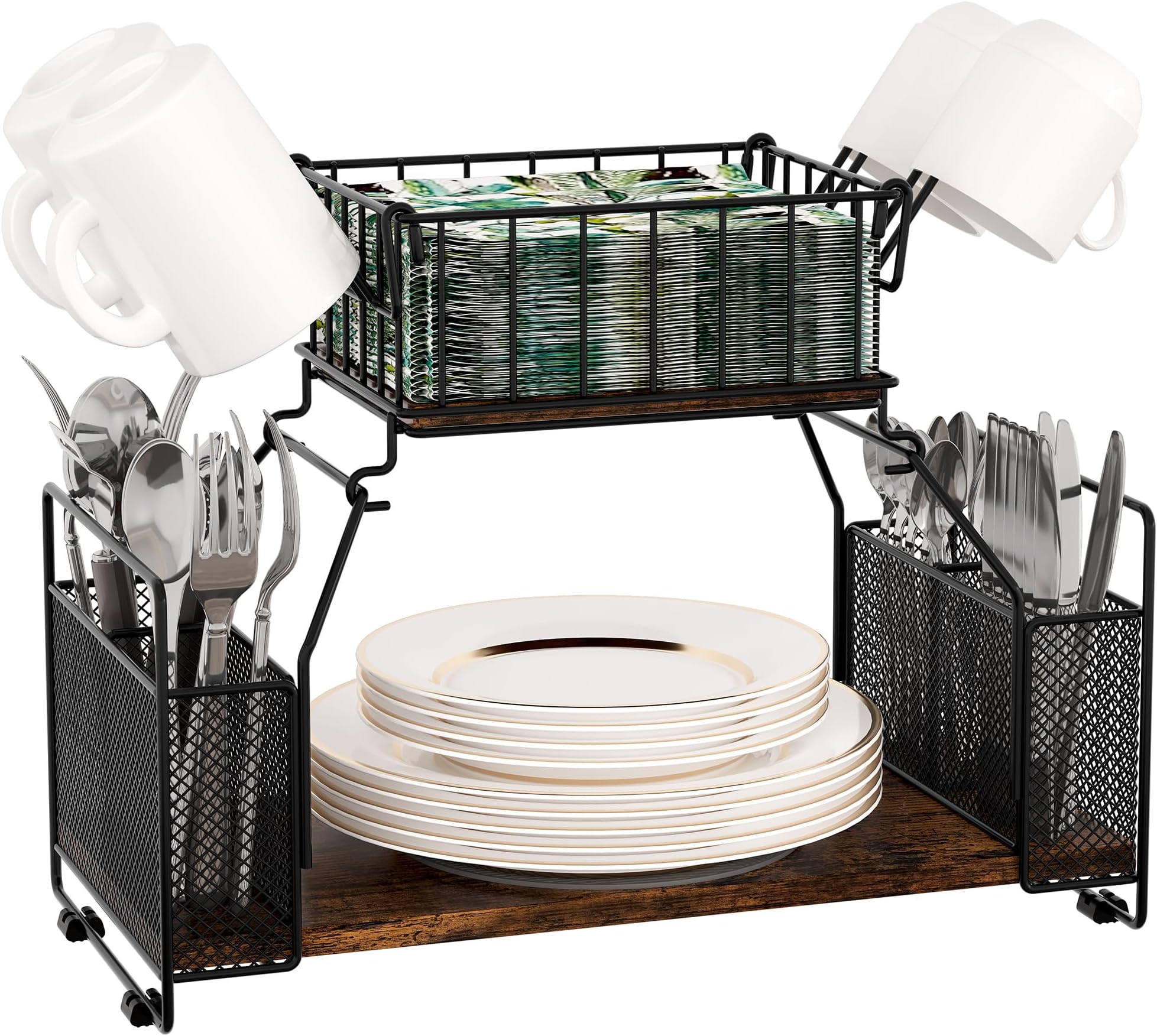 TQVAI Buffet Caddy, 2 Tier Countertop Paper Plate Organizer with Silverware Holder Mugs Hook Napkin Basket, Serving for Catering Supplies Buffet Display Hosting Thanksgiving Essentials, Black/Antique