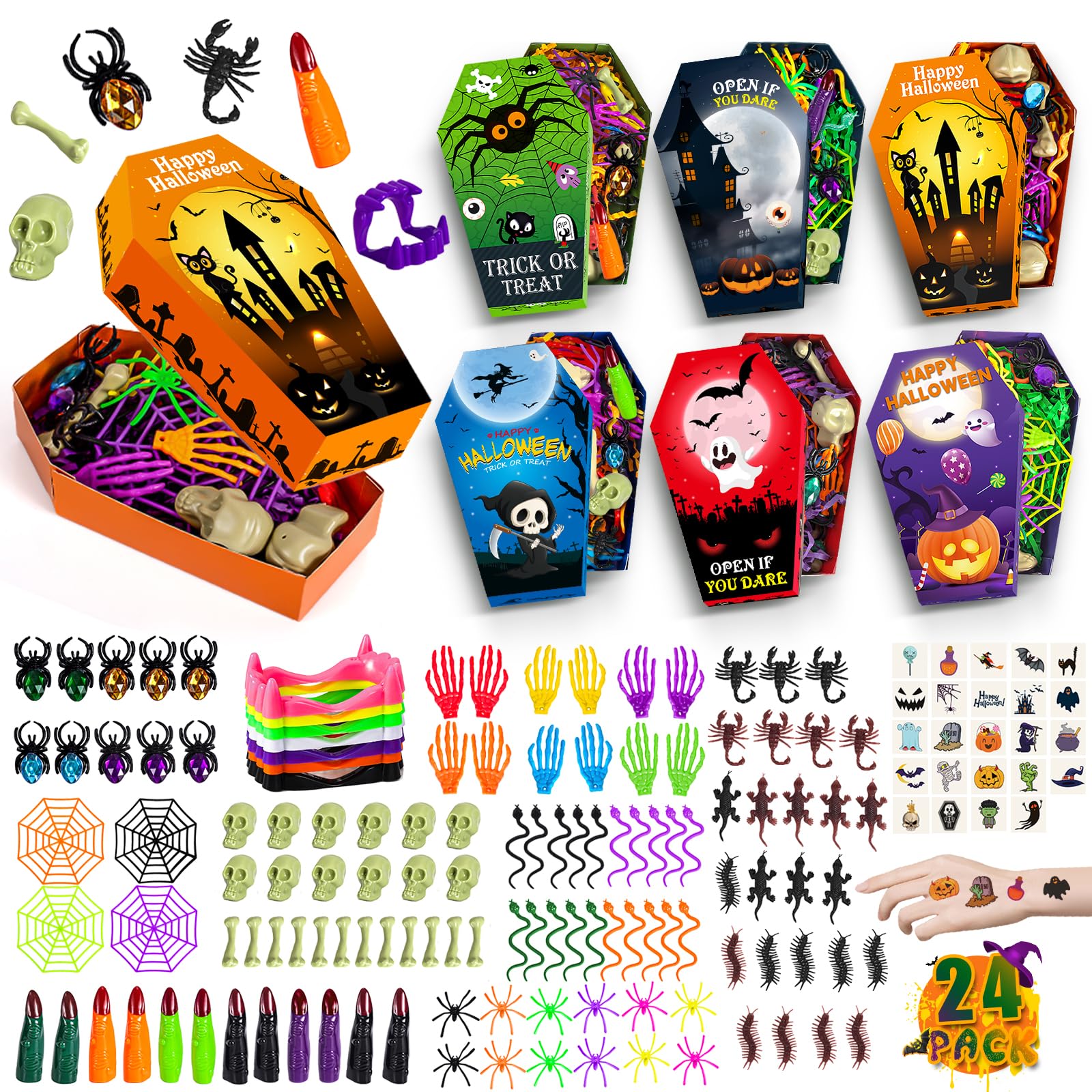 SpringFlower 269 PCS Halloween Party Favors For Kids, 24 Pack Halloween Coffin Treat Boxes With Assorted Halloween Toys In Bulk For Goodie Bags Filler, Basket Stuffers, Trick or Treat,Classroom Reward