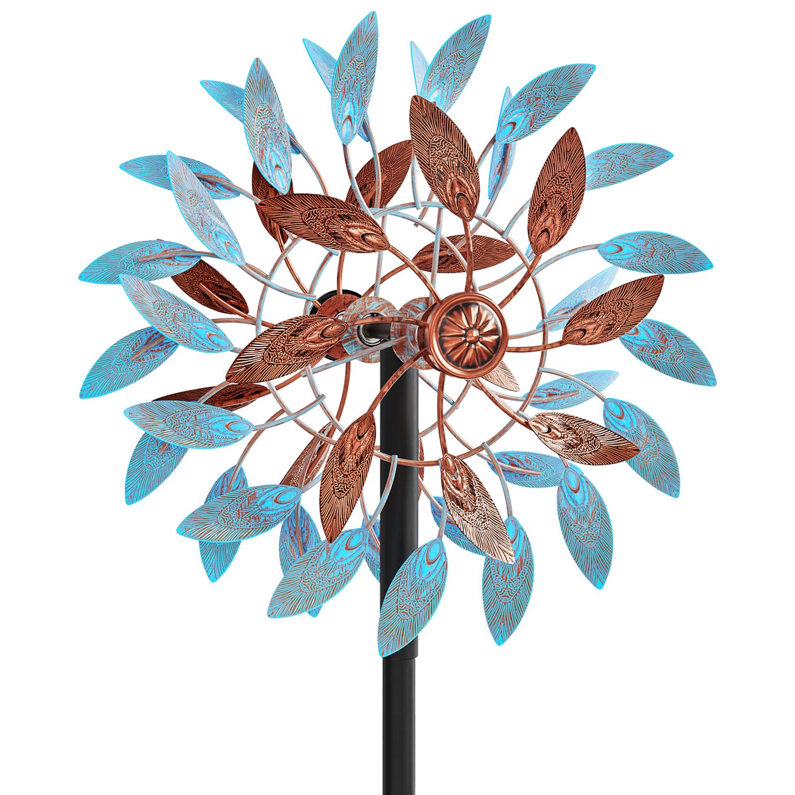 Metall Windrad Garten Dekoration mit Federblättern in Retro-Farben - Elegante Windspiele für Garten, Rasen und Terrasse, Windskulptur Spinner mit Metallpfahl (Blau+Braun)