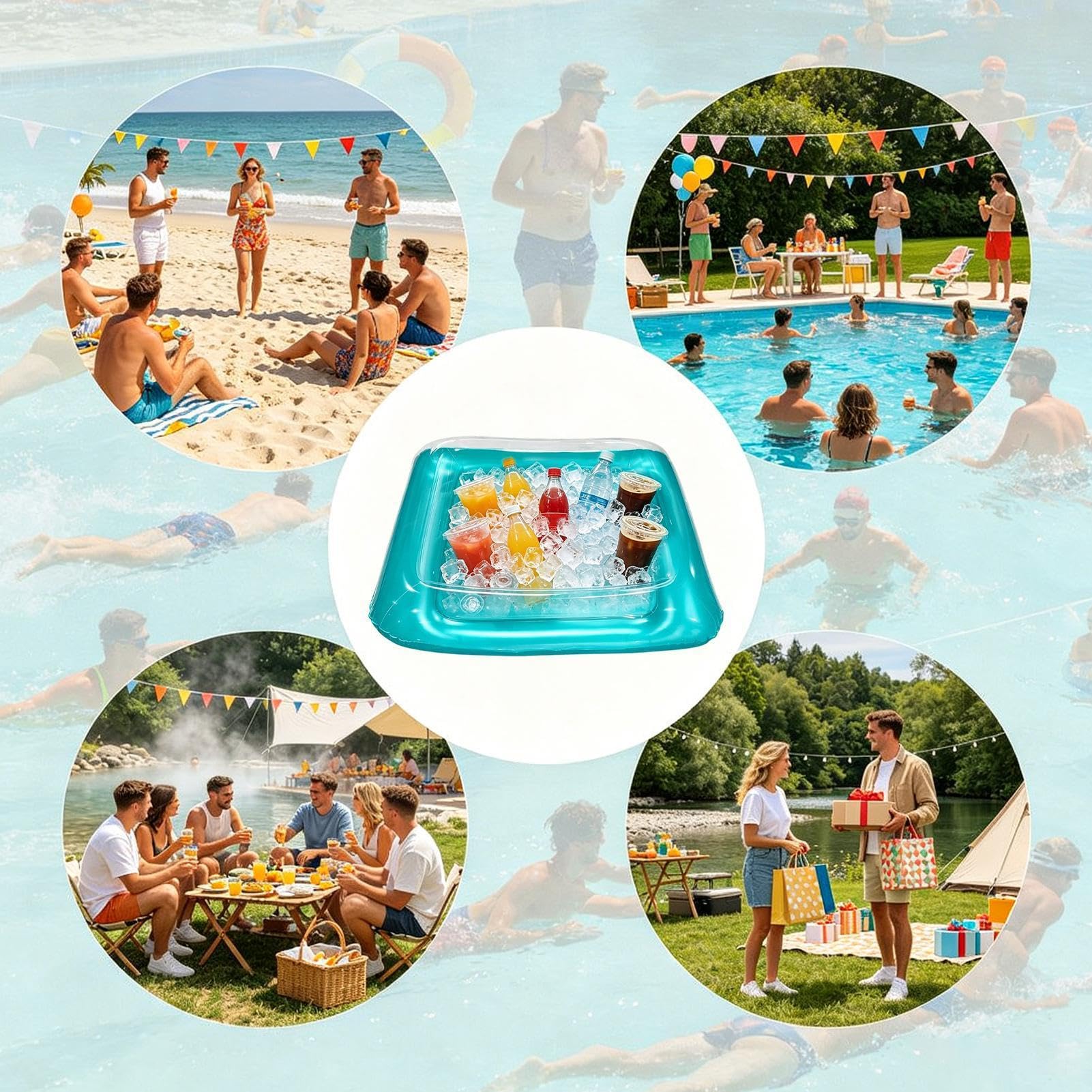 Frigo Gonfiabile Vassoio Quadrato Grande Galleggiante Portatile Ispessito | Cooler Gonfiabile Da Tavolo Per Feste In Piscina All'Aperto Giardino Birra Bevande Picnic Campeggio