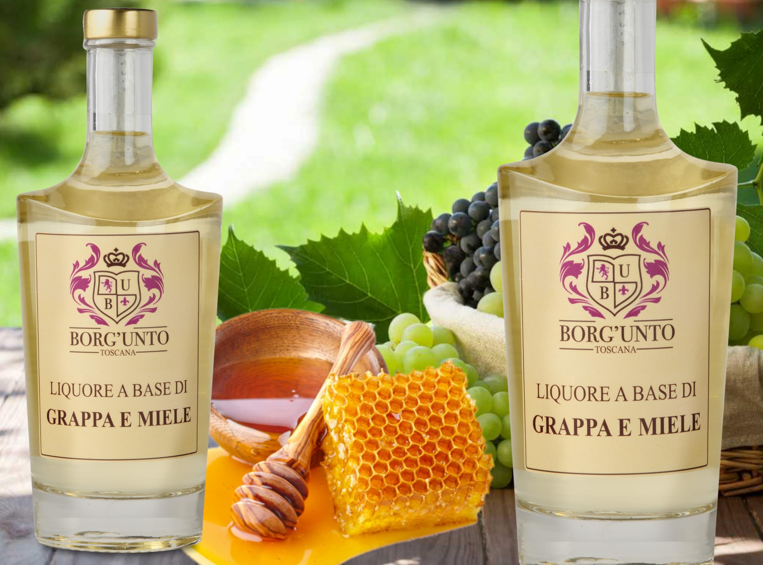 Borgunto® Liquore al Miele su Base Grappa 50cl - Digestivo Artigianale di Grappa Chianti Classico e Miele Millefiori Toscano (6pz)