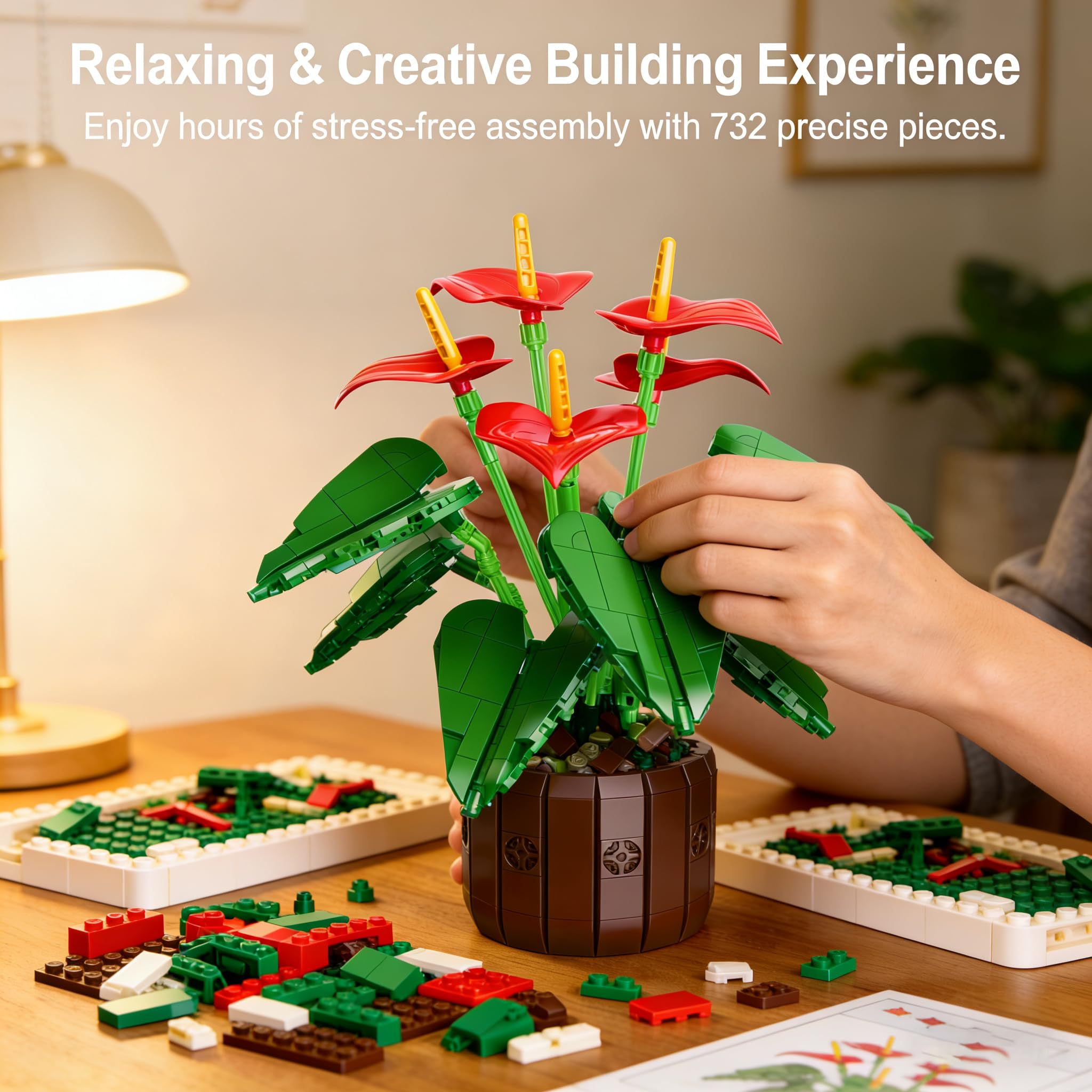 Mavo Brix Set di Costruzione Anthurium con Anturi Rossi e Vaso per Adulti, Compatibile con la Collezione Lego Botanicals, Deliziosa Decorazione in Vaso, Regalo Creativo a Tema Floreale, dai 14 Anni