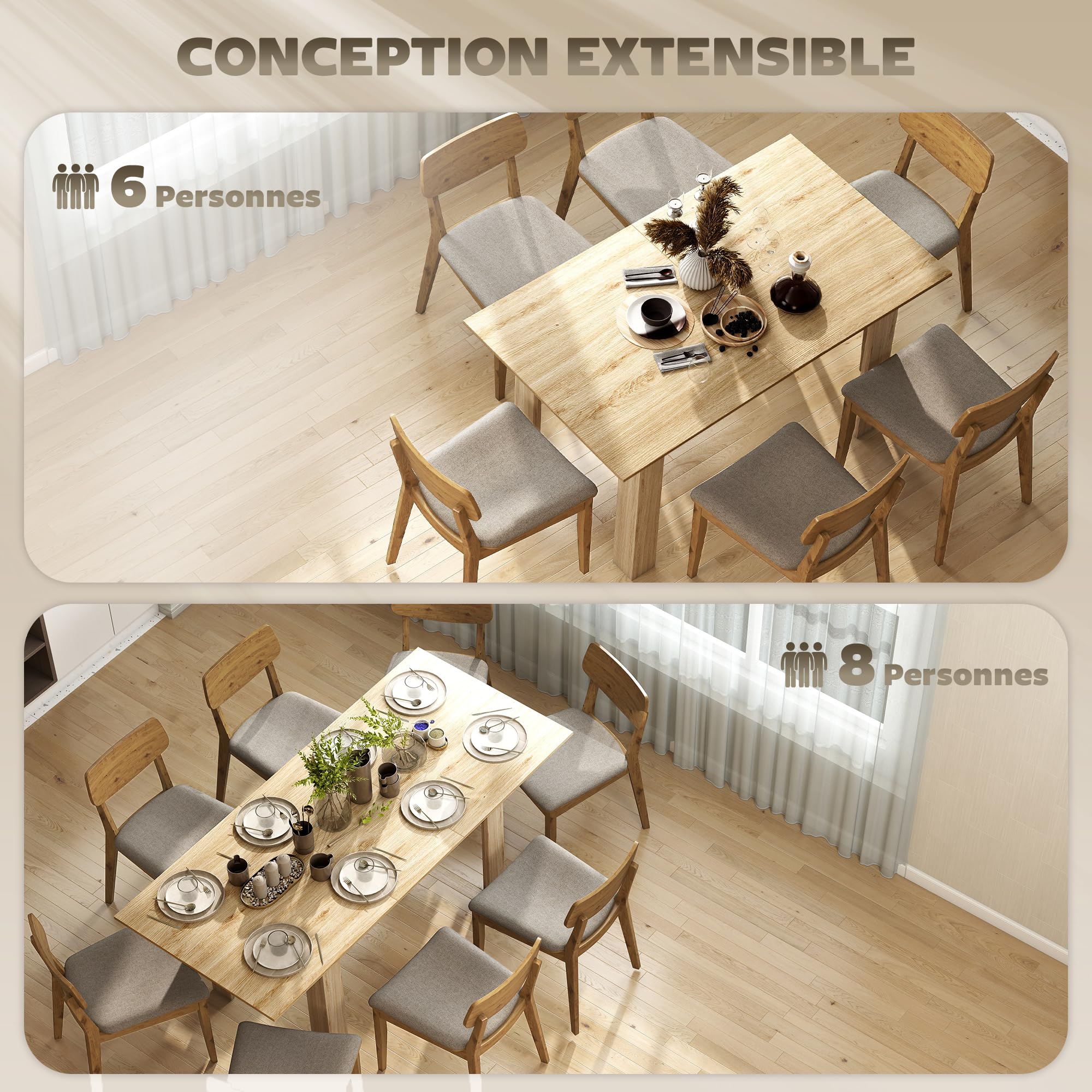 HOMCOM Table à Manger Extensible, Table de Cuisine rectangulaire, pour 6-8 Personnes, pour Petits espaces, Design Moderne, 140-180 x 80 cm, Effet Bois Naturel