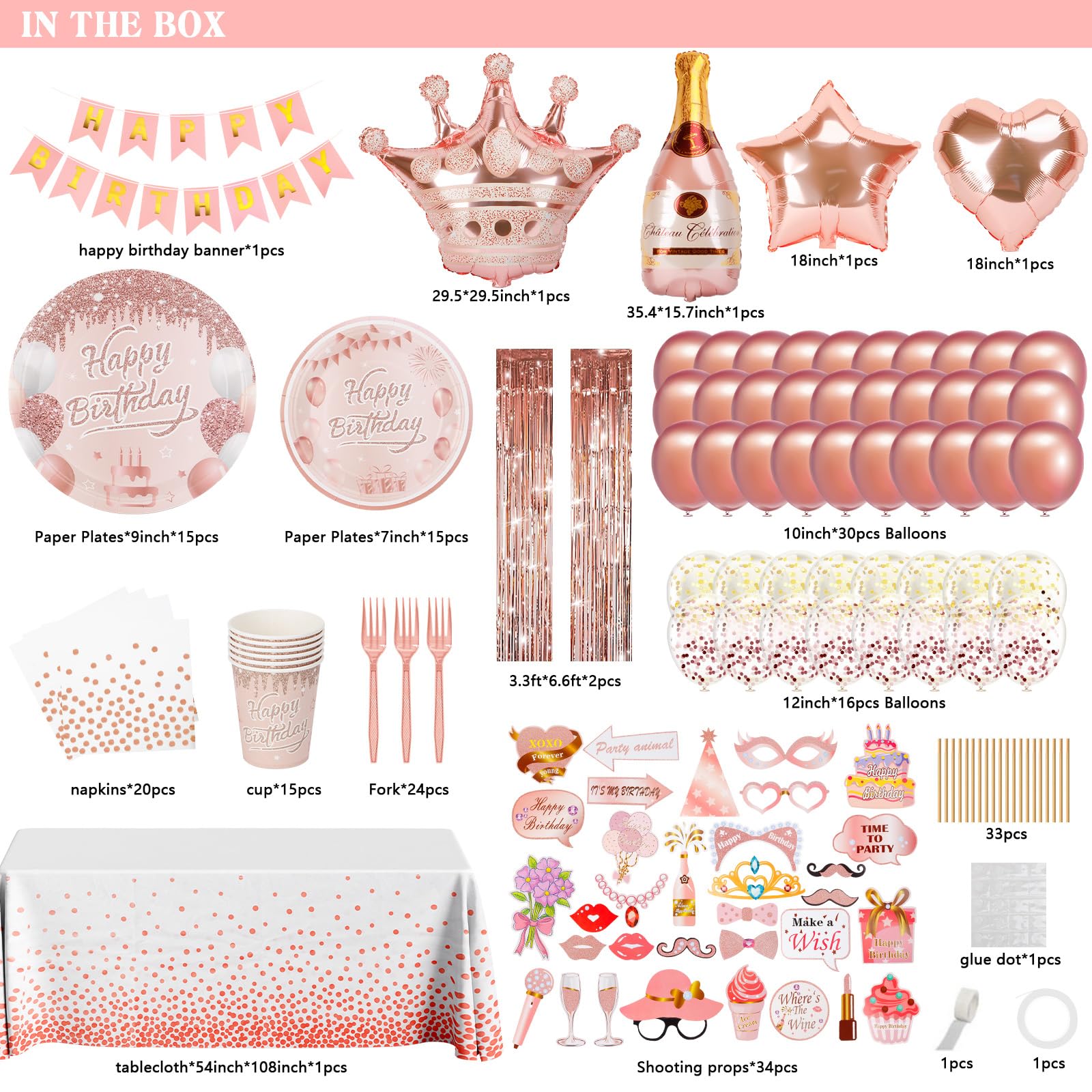 Decorazioni per feste di buon compleanno per donne, piatti di compleanno in oro rosa, tovaglioli, striscioni da appendere a vortice, articoli per feste per ospiti, oro rosa