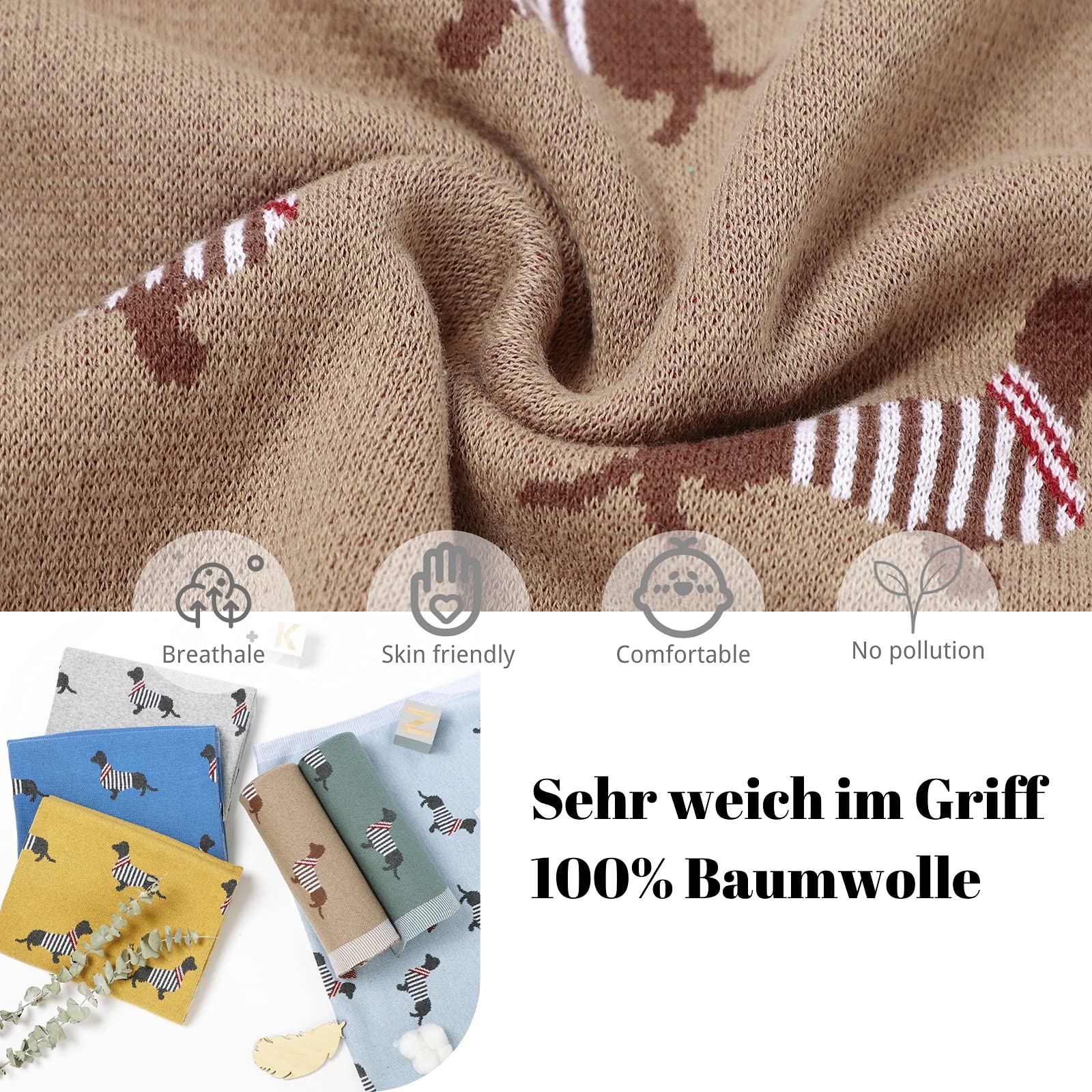LAWKUL Babydecke 100% Baumwolle Weich Gestrickt Babydecken für Neugeborene Jungen Mädchen Dackel Wursthund 100x80cm Khaki