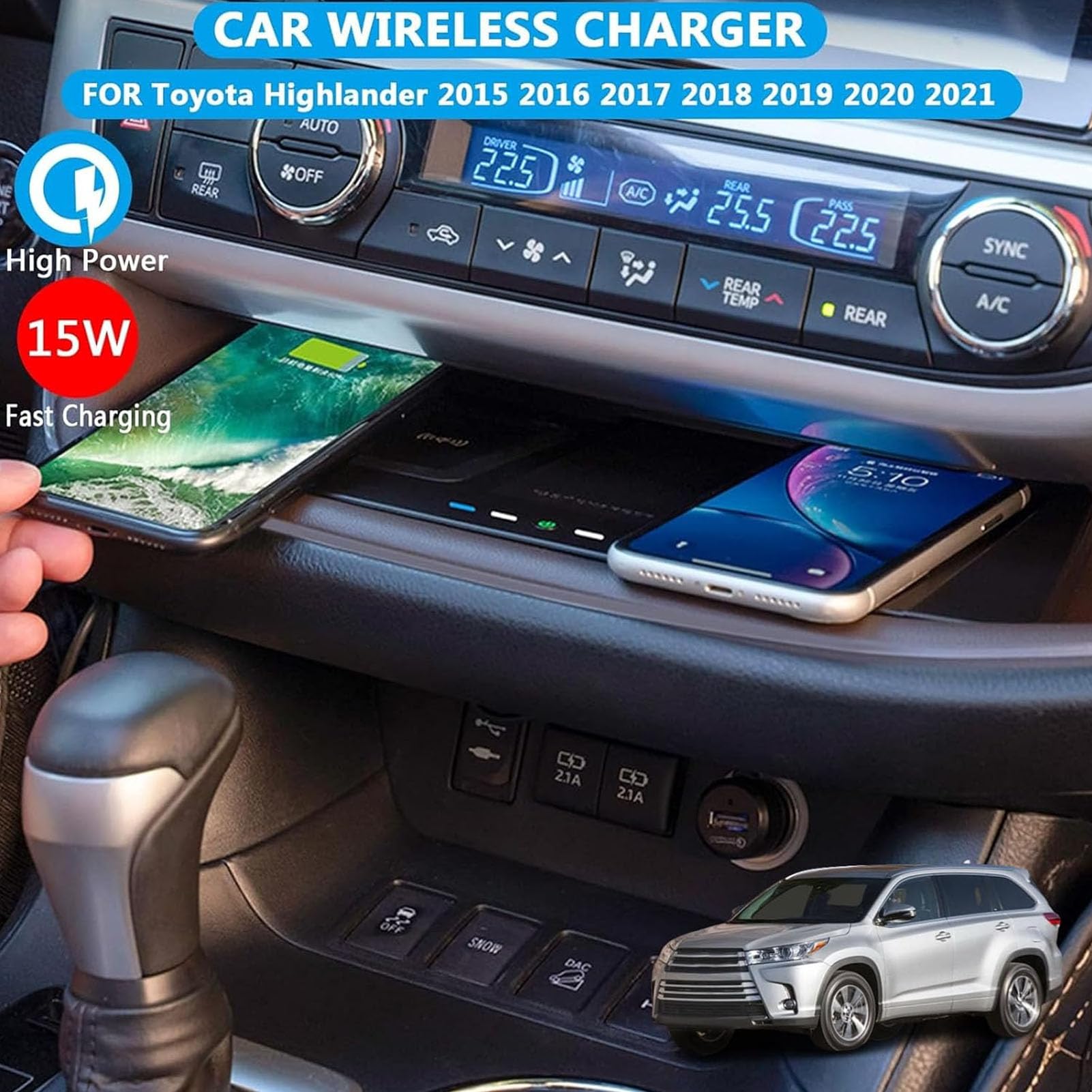 Cargador De Coche Inalámbrico para Toyota Highlander 2015-2021,Cargador De Teléfono De Carga Rápida,Cargador De Teléfono Qi De 15 W,Accesorio De Consola Central