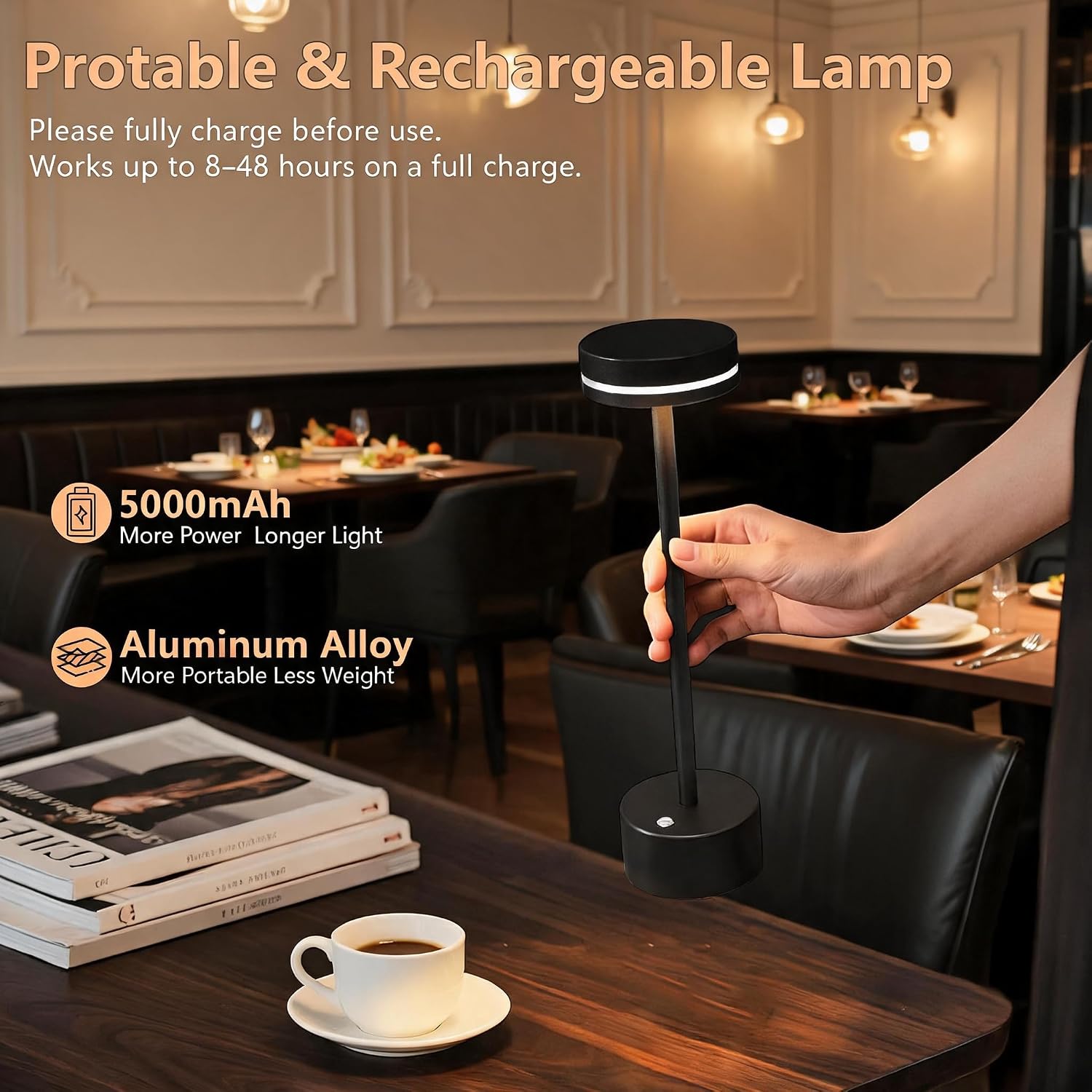 2 Pack Cordless Table Lamps, 5000 mAh Rechargeable Touch LED Lamps image 4