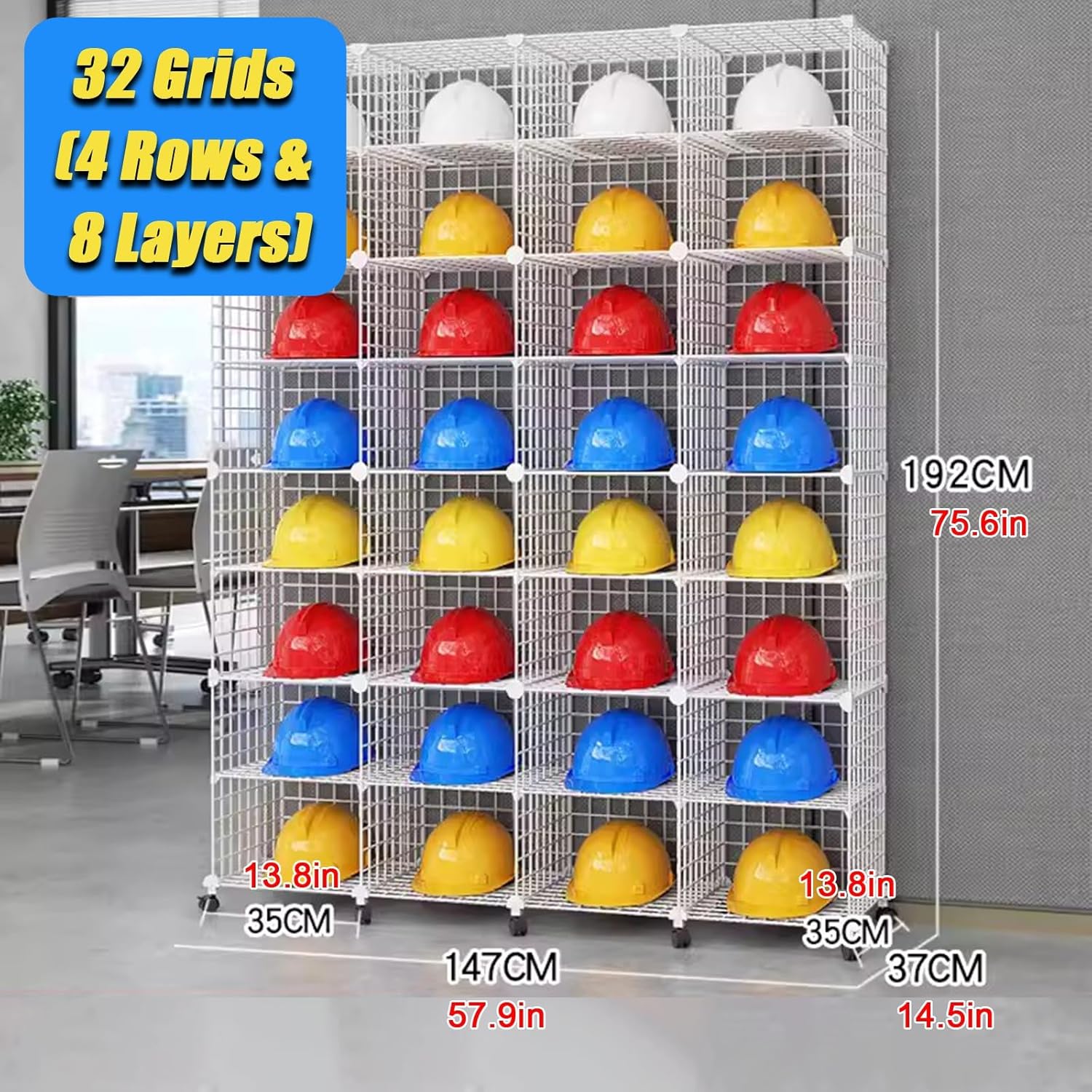 Stackable Safety Helmet Storage Boxes with Wheels, Large Adjustable Hard Hat Placement Organizer Rack, Construction Sites/Workshop/Retail Store Helmet Display Shelf, White Iron Wire Frame(32 Grids(147
