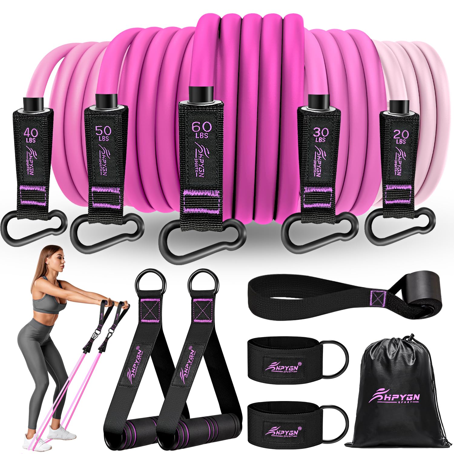 HPYGNResistance Bands, Exercise Bands with Handles, Fitness Bands, Workout Bands with Door Anchor and Ankle Straps, for Heavy Resistance Training, Physical Therapy, Shape Body, Yoga, Home Workout Set