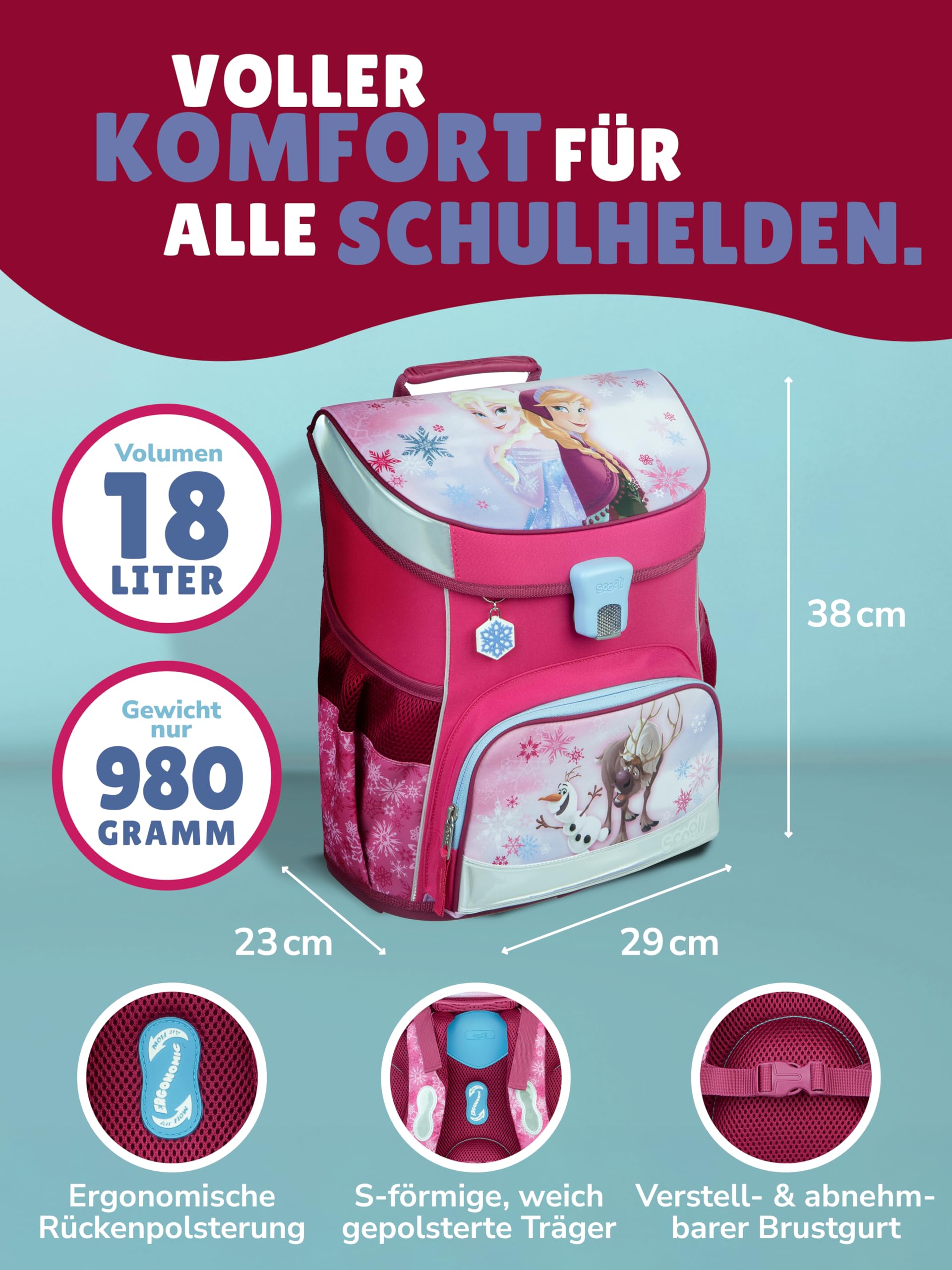 Familando - Scooli Campus Fit Schulranzen Set - 5-teilig mit Federmappe - Disney Die Eiskönigin (Frozen) - Ergonomisch, Stabil & 980g leicht - 18L Volumen - Brustgurt & Reflektoren - ab 1. Klasse