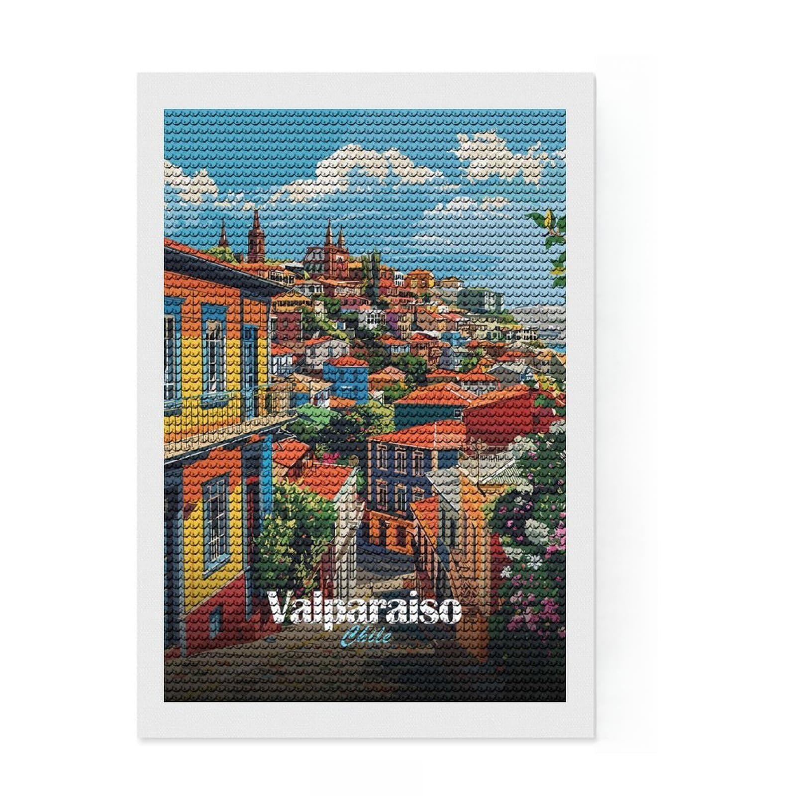 Junmoney Valparaiso, Chile Cityscape Diamond Style Art Kit 8"x12", Round Gems, Mindful Craft Project, Thoughtful Present, Aesthetic Room Decor