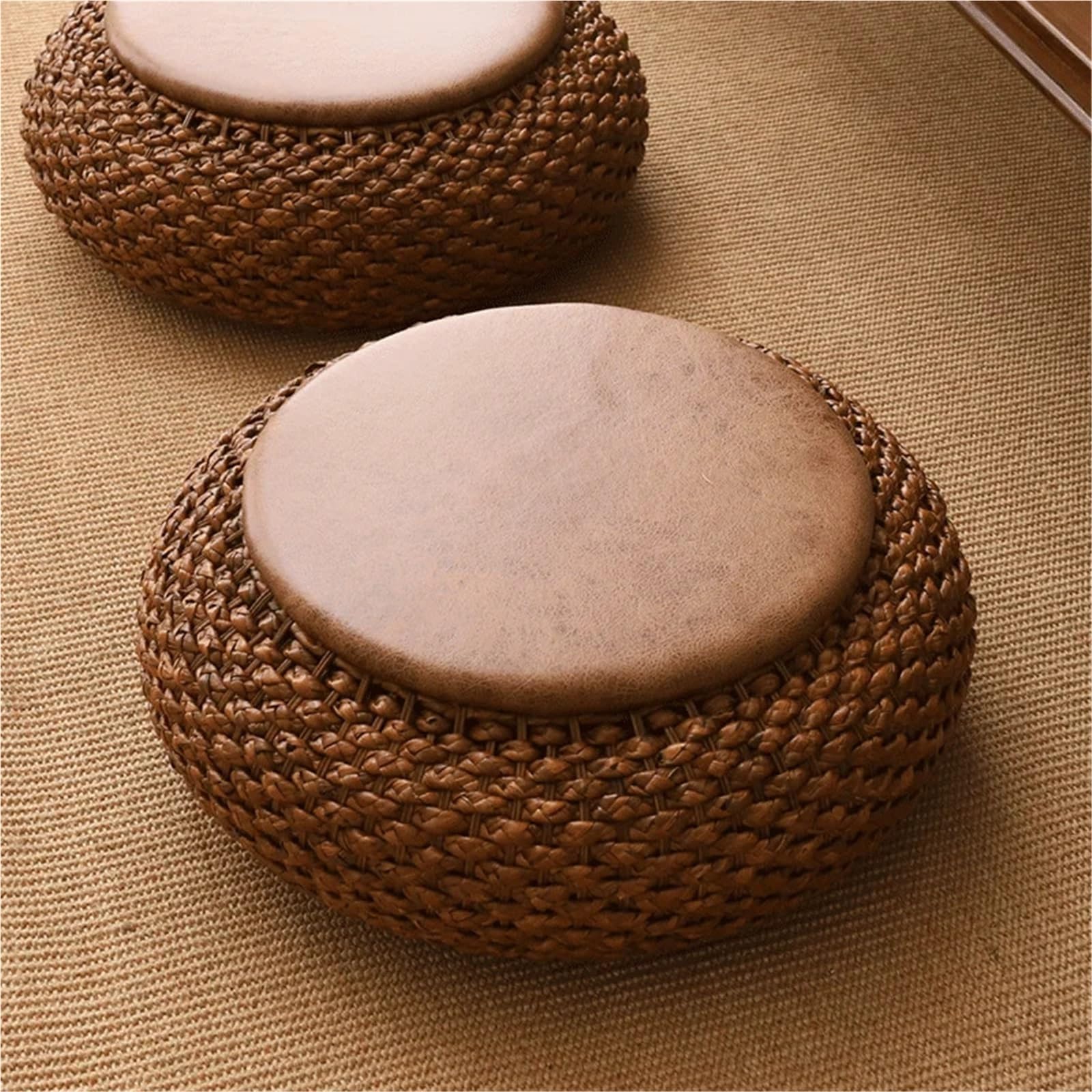 Cojín de meditación y reposapiés de ratán tejido a mano para práctica de yoga Zen