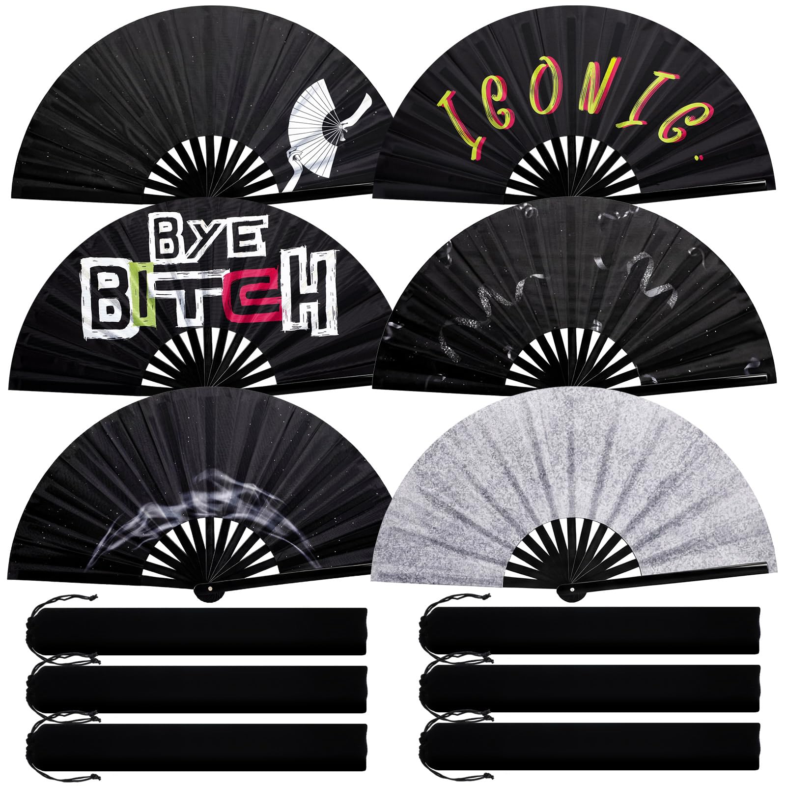 FairySandy 6 abanicos de mano grandes para rave, abanicos icónicos, abanicos plegables de bambú, abanicos chinos de mano para mujeres y hombres, conciertos, festivales, desfiles, actuaciones de fiesta