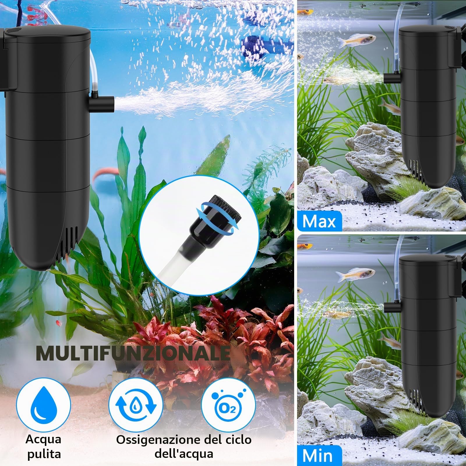 fishkeeper Filtro per acquario da 13 W, flusso regolabile 700 l/h, pompa per acquario con filtro, filtro interno per acquario a tre livelli con carbone attivo e spugna, filtro per acquari piccoli fino