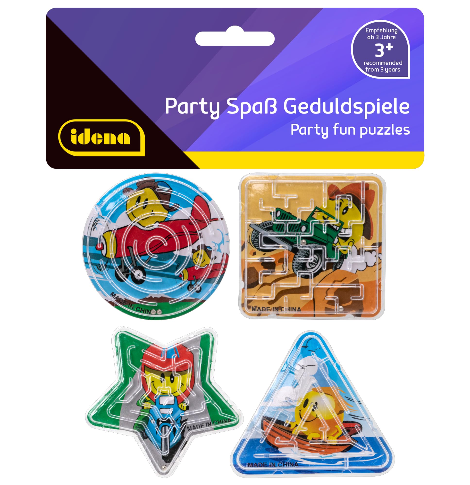 Idena 40430 – Juego de 4 pequeños laberintos con Divertidos Motivos de Fondo de Emoji en Las Formas círculo, triángulo, Cuadrado y Estrella, tamaño Medio de Aprox. 6 cm