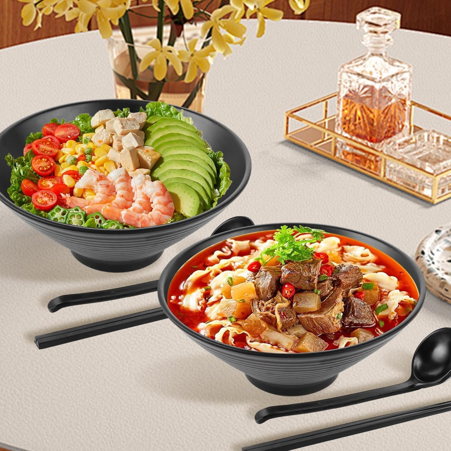 Zestaw 2 dużych japońskich misek ramenowych z pałeczkami i łyżką 1000 ml, miski na makaron i ramen z melaminy, zestaw ceramicznych misek ramenowych do Udon, sałatki, zupy Pho (1000 ml)